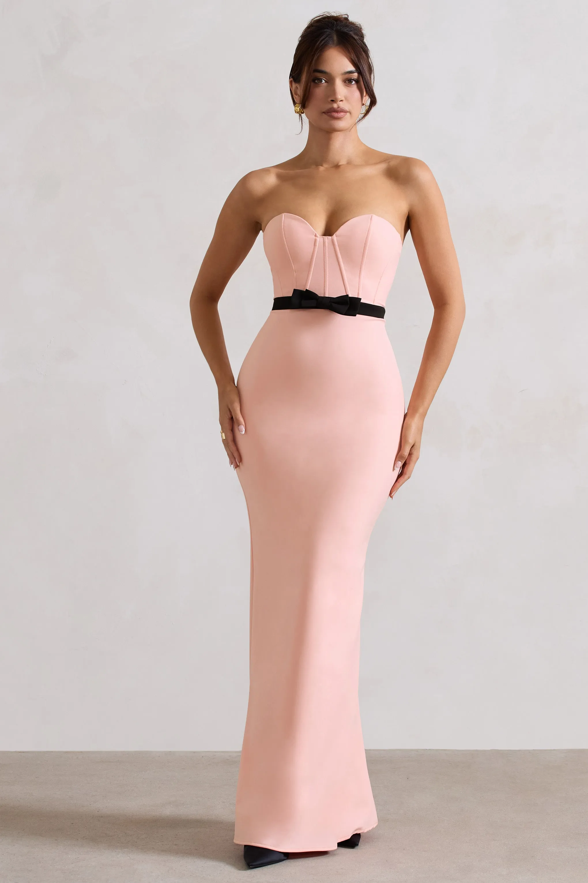 Albi | Pink Structured Strapless Corset Maxi Dress With Bow Club L London