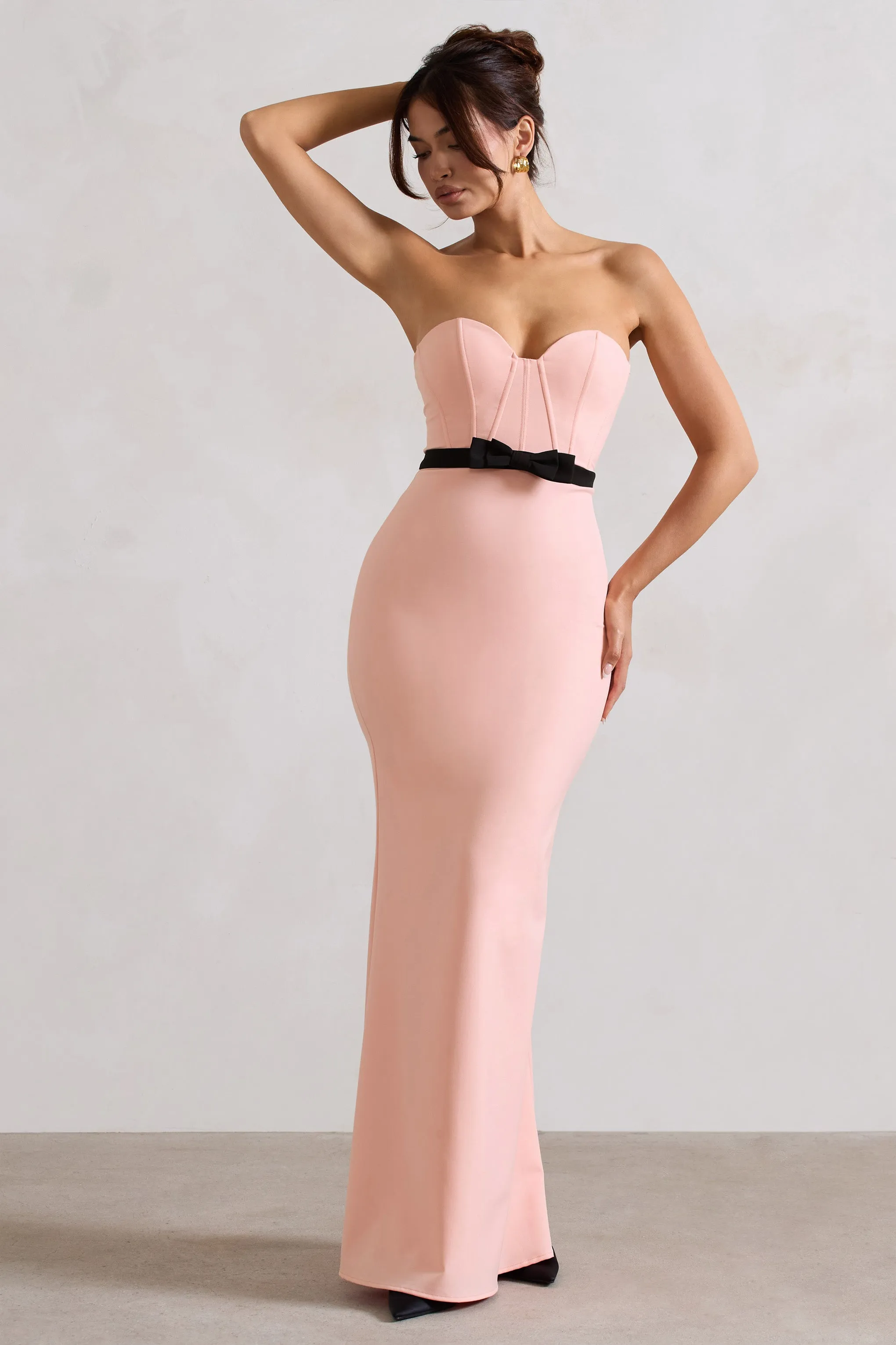 Albi | Pink Structured Strapless Corset Maxi Dress With Bow Club L London
