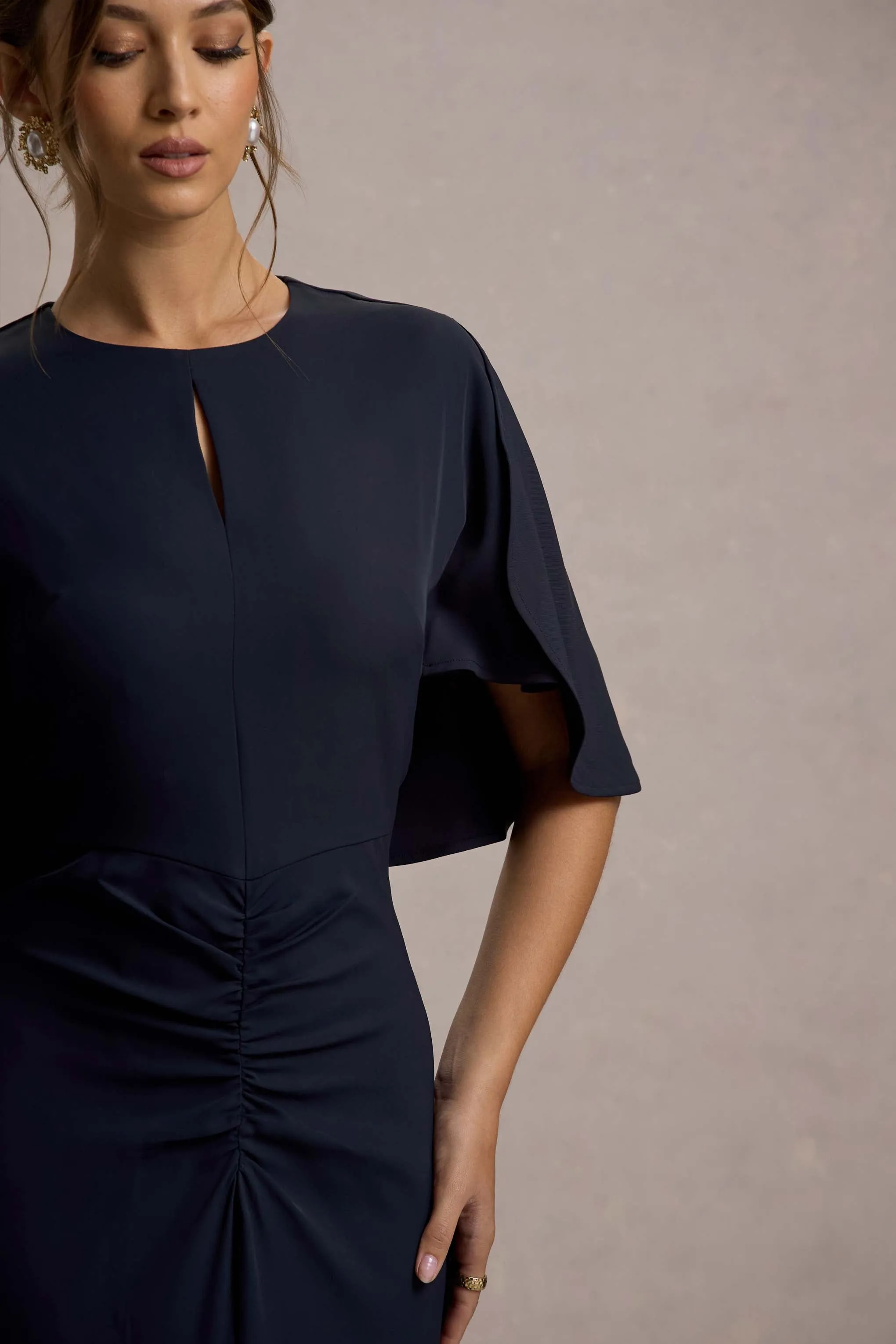 Allison | Navy High-Neck Maxi Dress With Cape Club L London