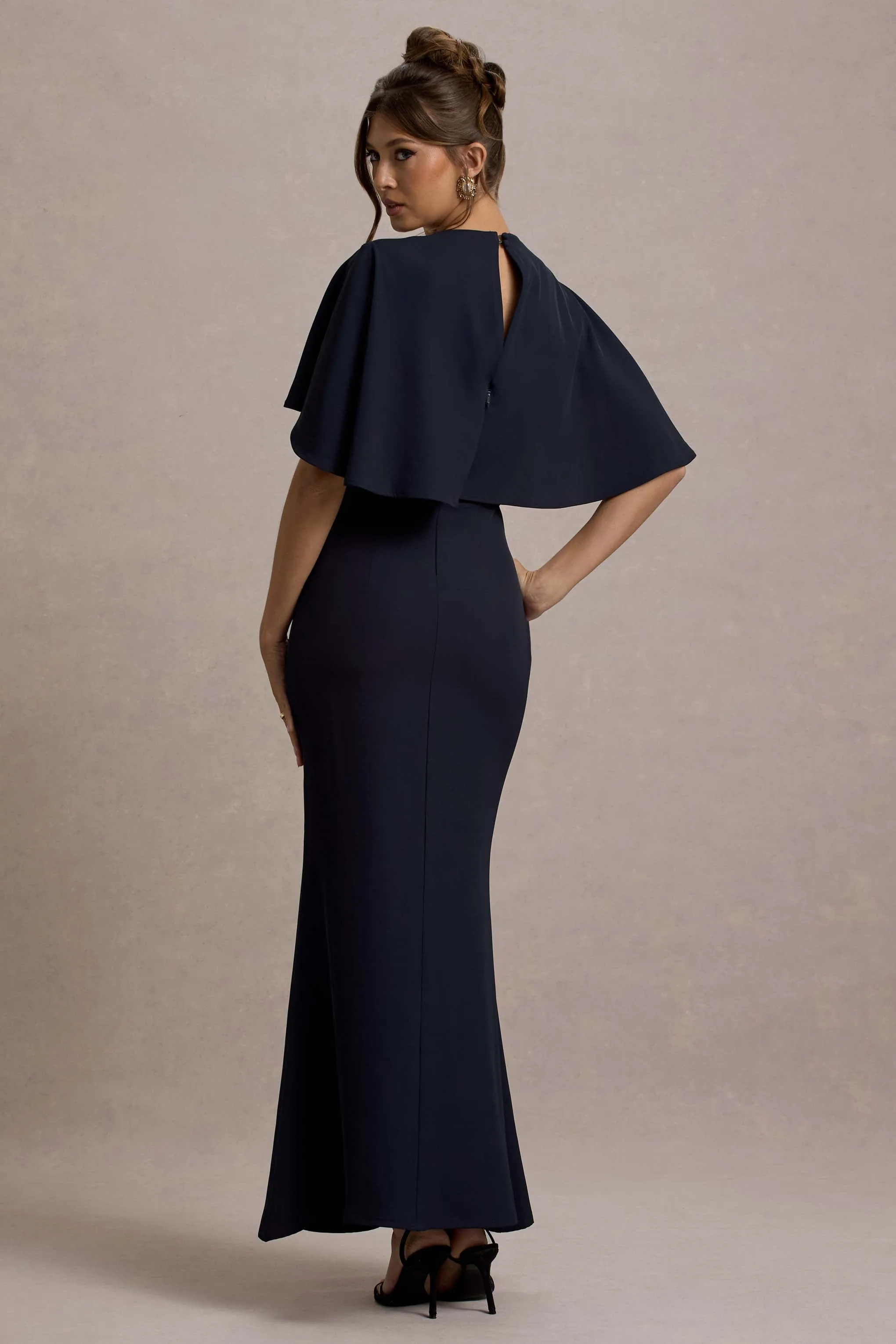 Allison | Navy High-Neck Maxi Dress With Cape Club L London
