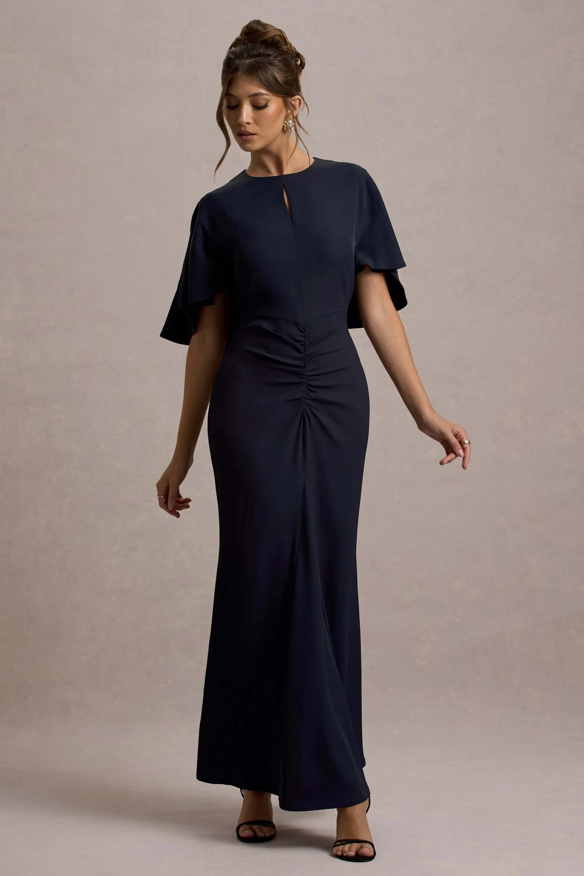 Allison | Navy High-Neck Maxi Dress With Cape Club L London
