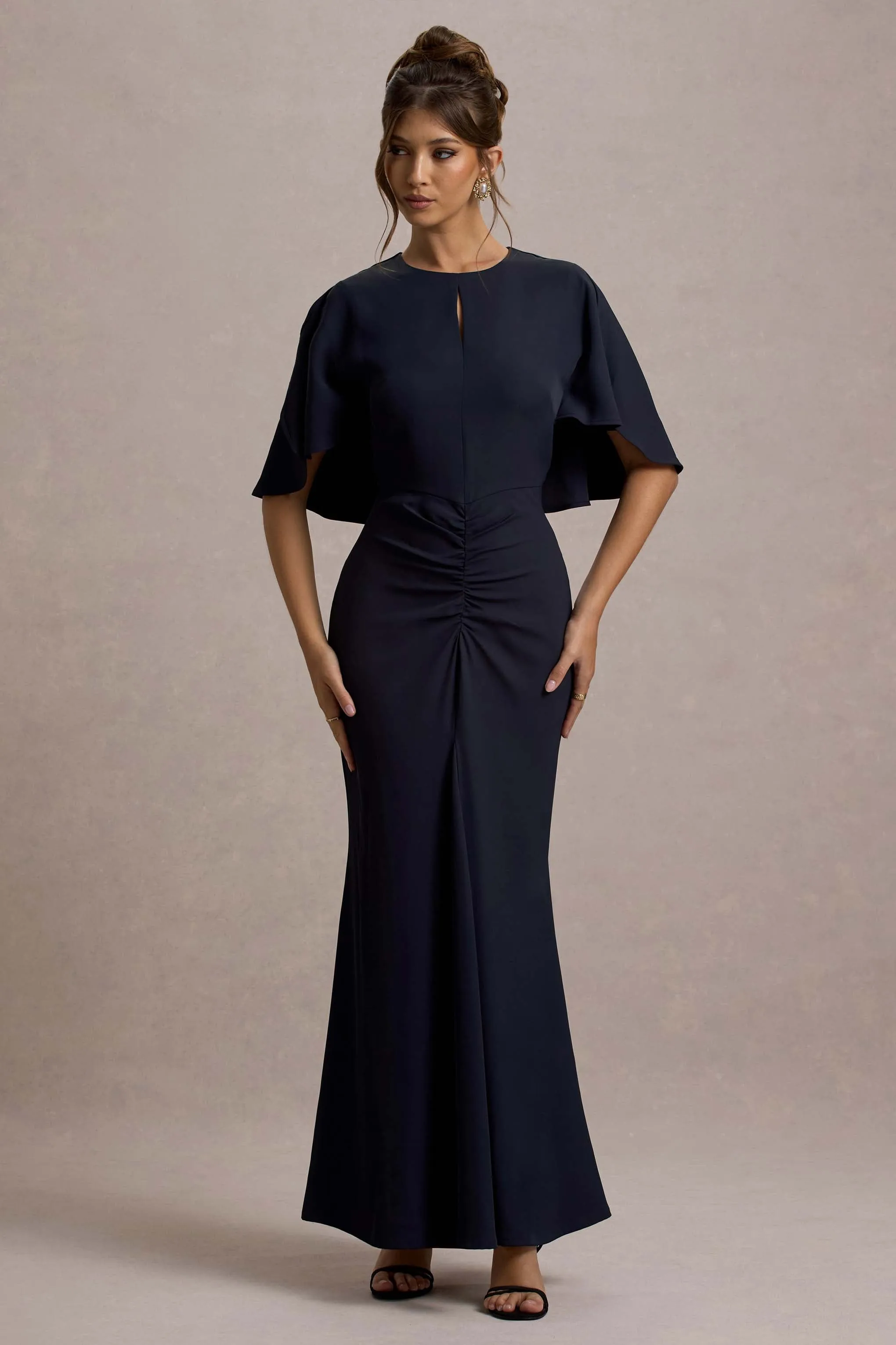 Allison | Navy High-Neck Maxi Dress With Cape Club L London