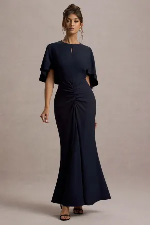 Allison | Navy High-Neck Maxi Dress With Cape Club L London
