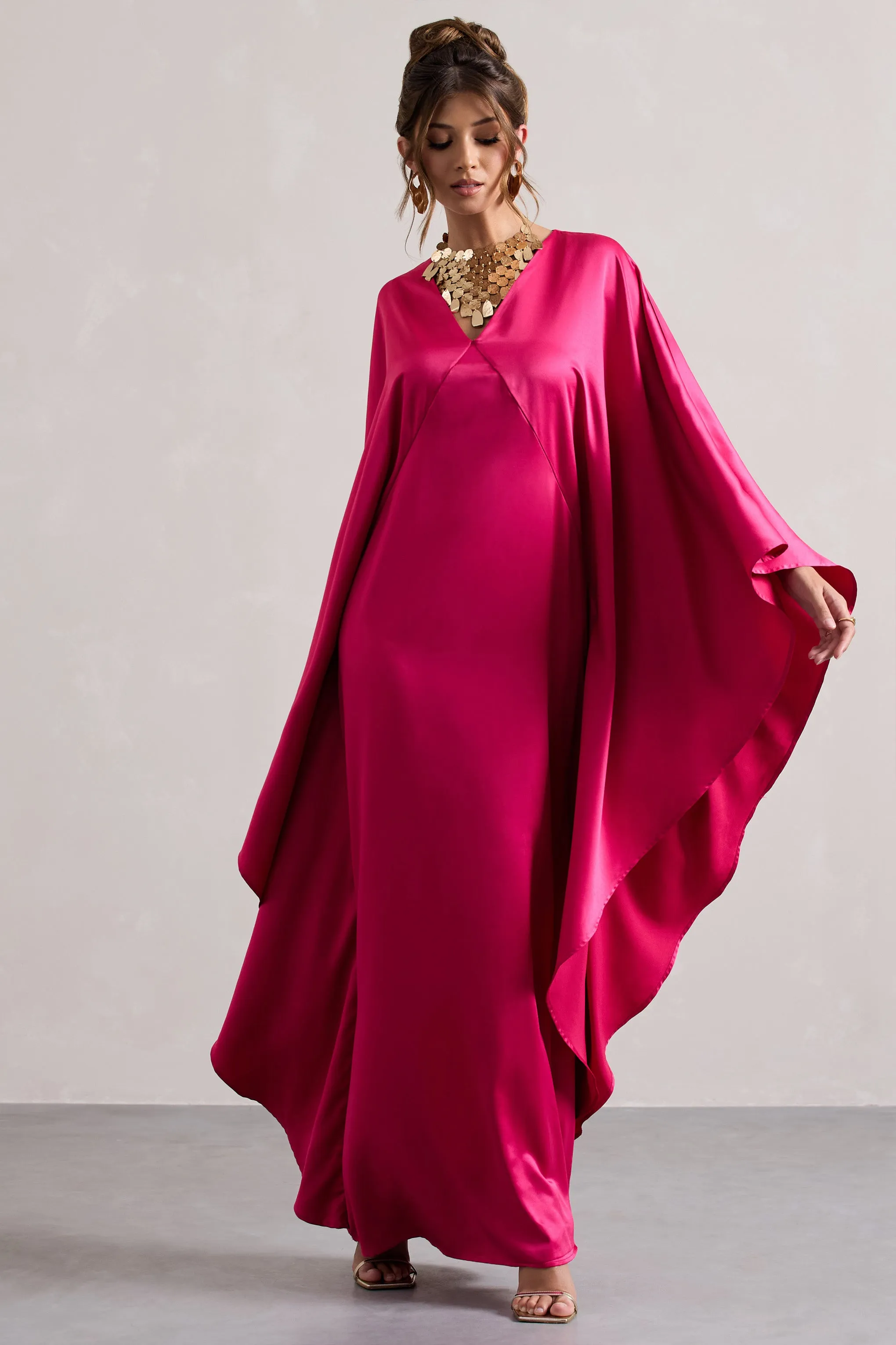 Alohi | Hot Pink Satin Plunge Cape Maxi Dress Club L London