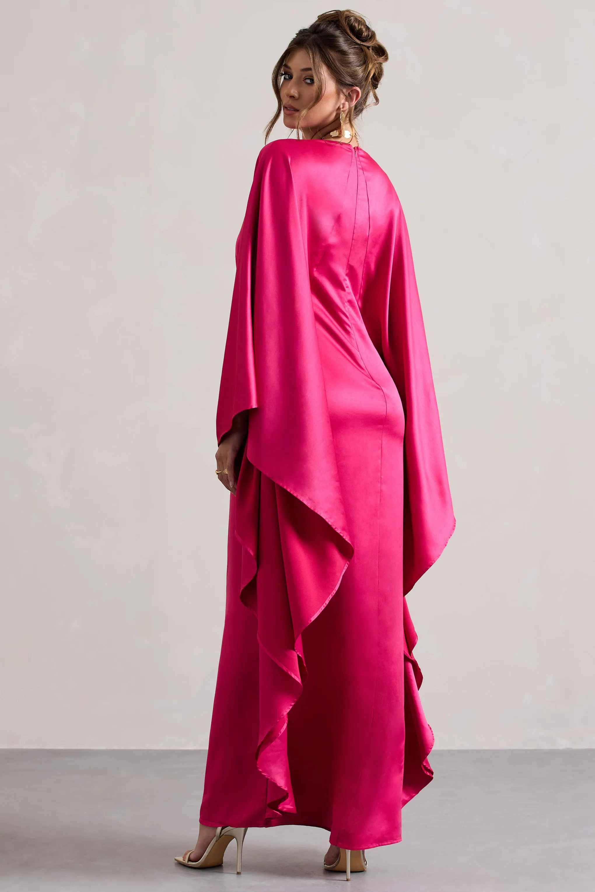 Alohi | Hot Pink Satin Plunge Cape Maxi Dress Club L London