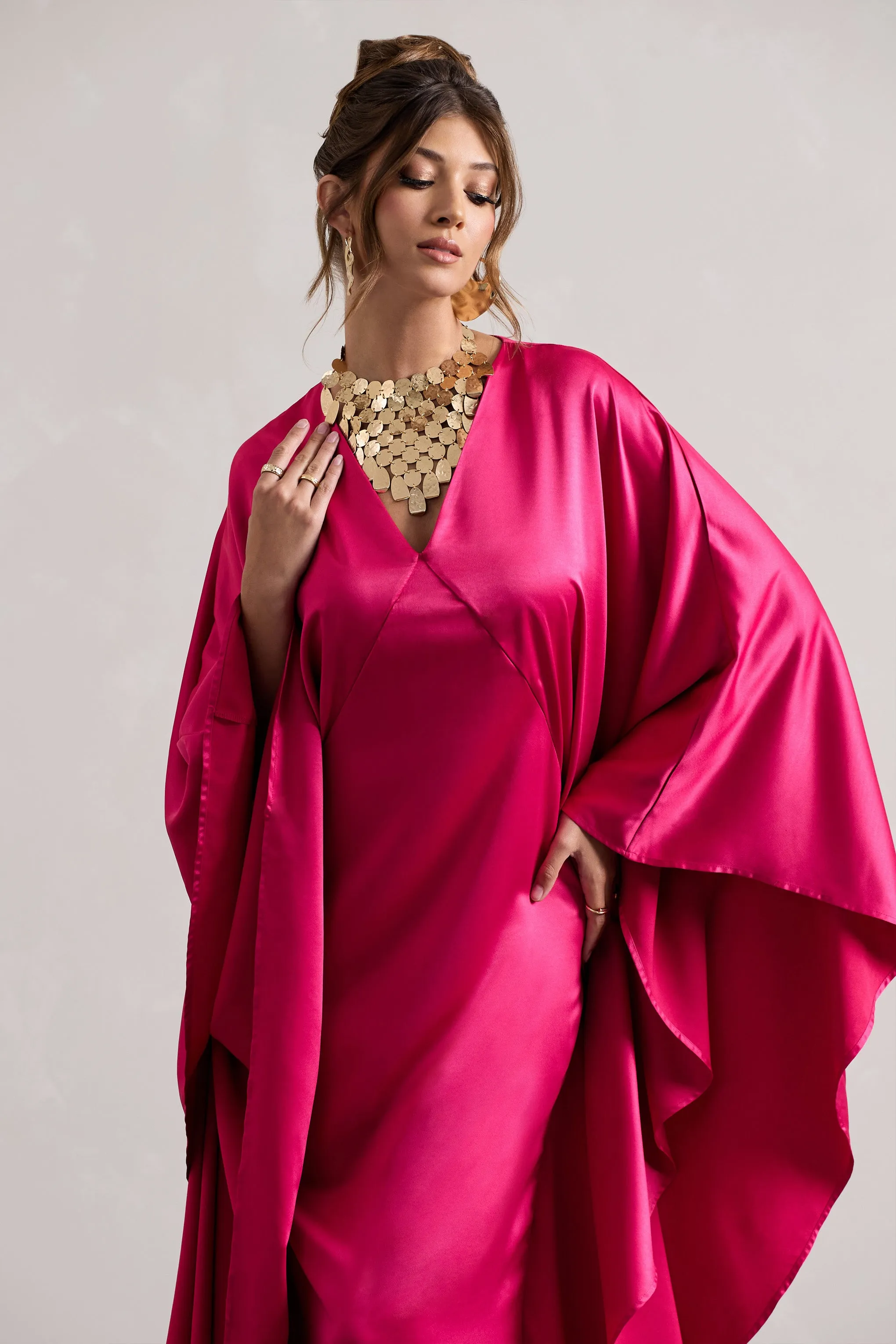 Alohi | Hot Pink Satin Plunge Cape Maxi Dress Club L London