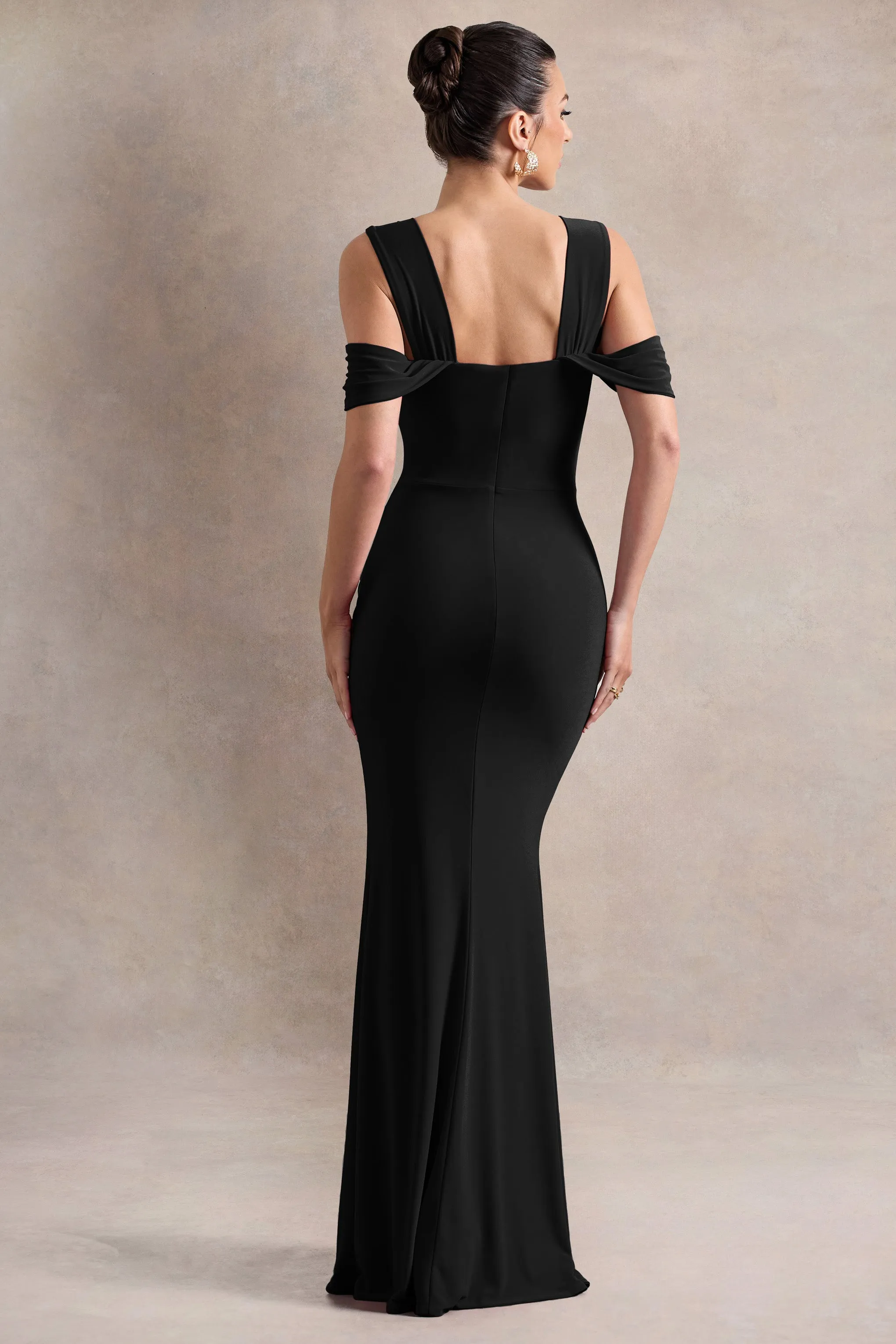 Amoura | Black Square-Neck Draped Wrap Maxi Dress Club L London