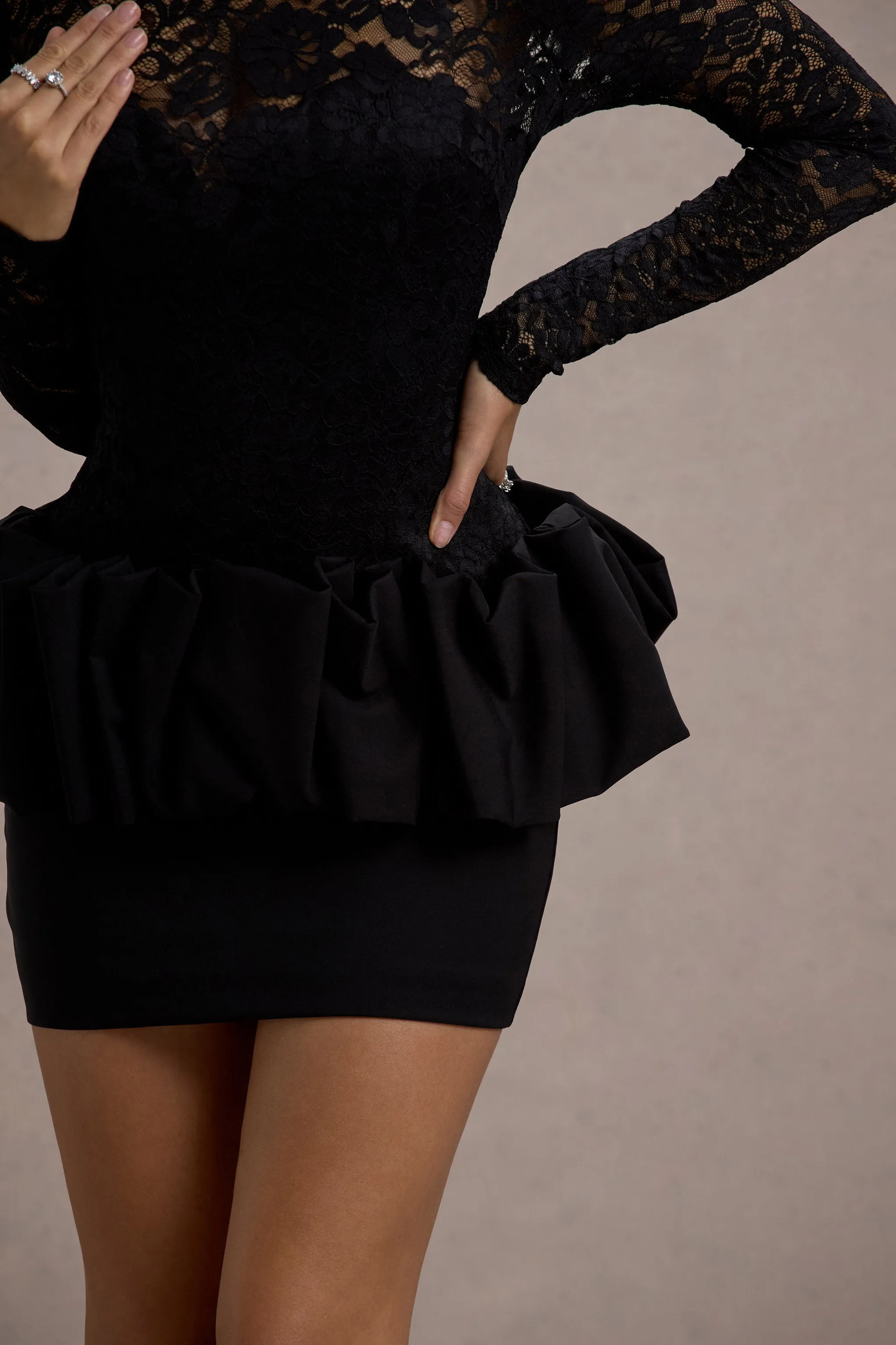Antheia | Black Lace Long-Sleeve Peplum Mini Dress Club L London