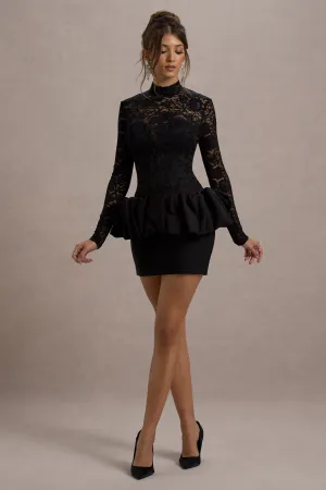 Antheia | Black Lace Long-Sleeve Peplum Mini Dress Club L London