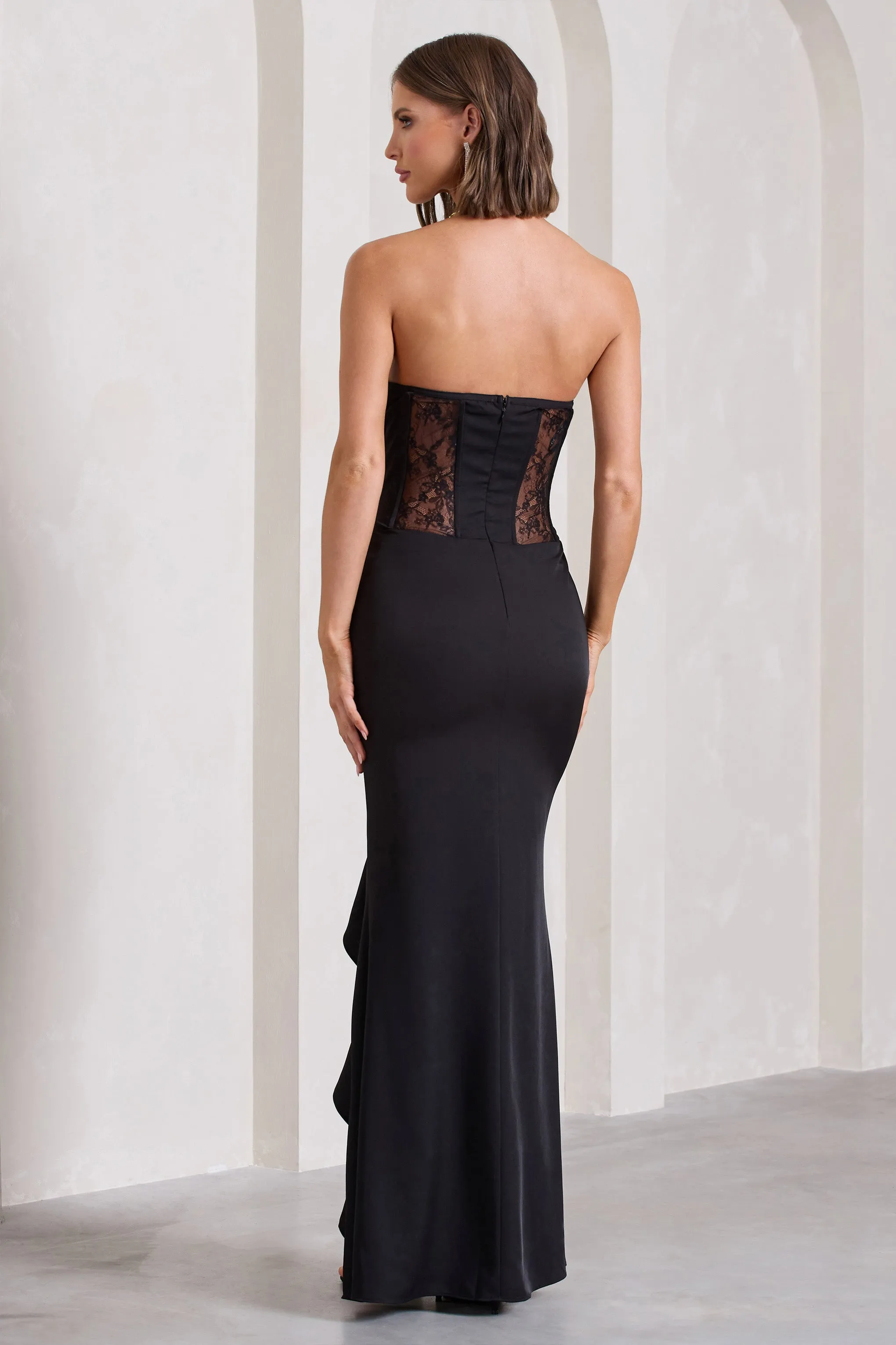 Attention Please | Black Strapless Lace Panelled Corset Split Maxi Dress Club L London