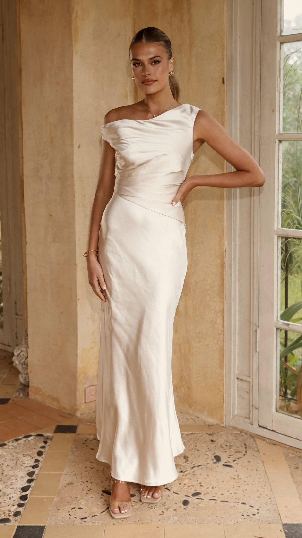 Auria Off Shoulder Maxi Dress - Champagne Billy J