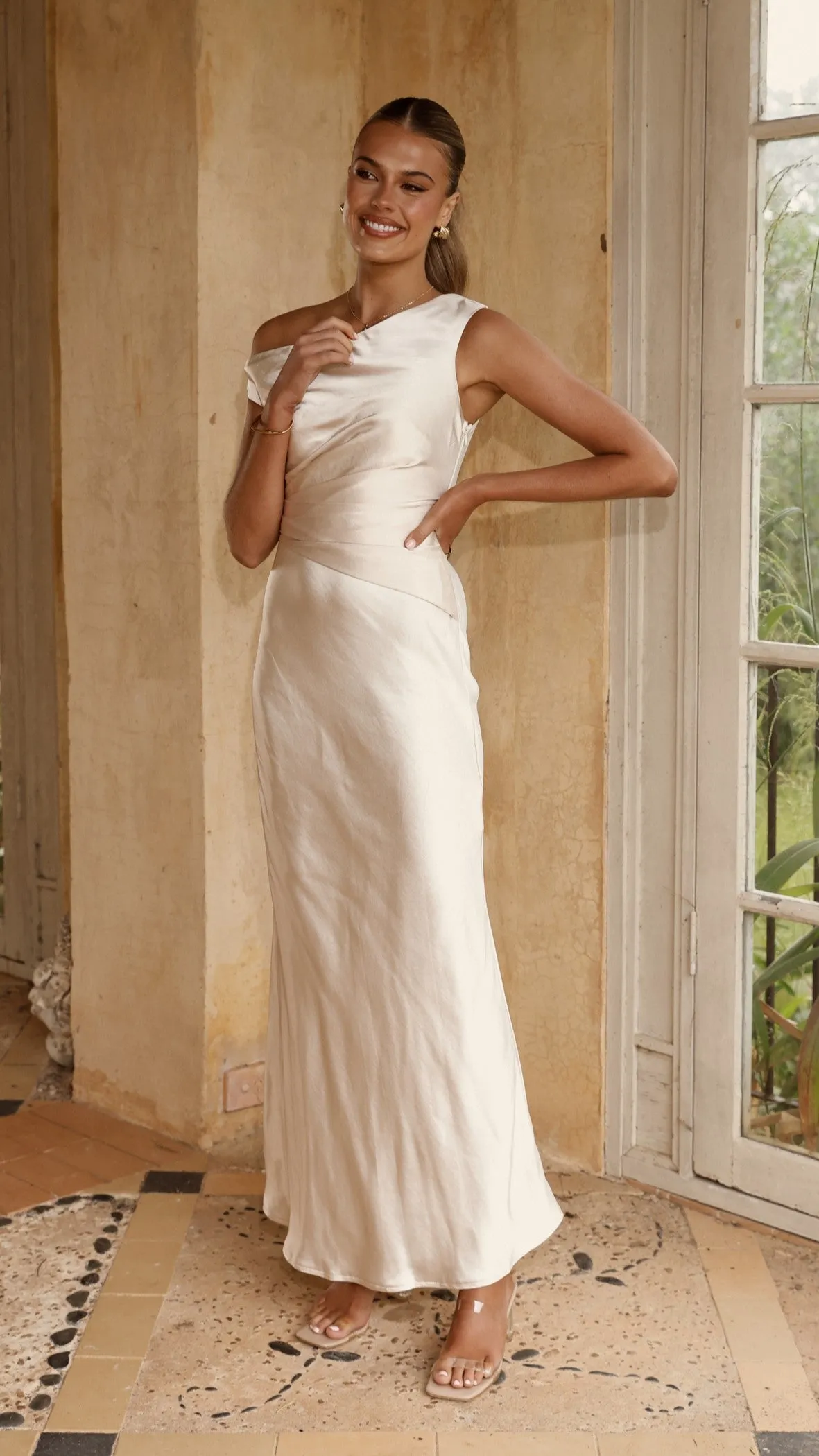 Auria Off Shoulder Maxi Dress - Champagne Billy J