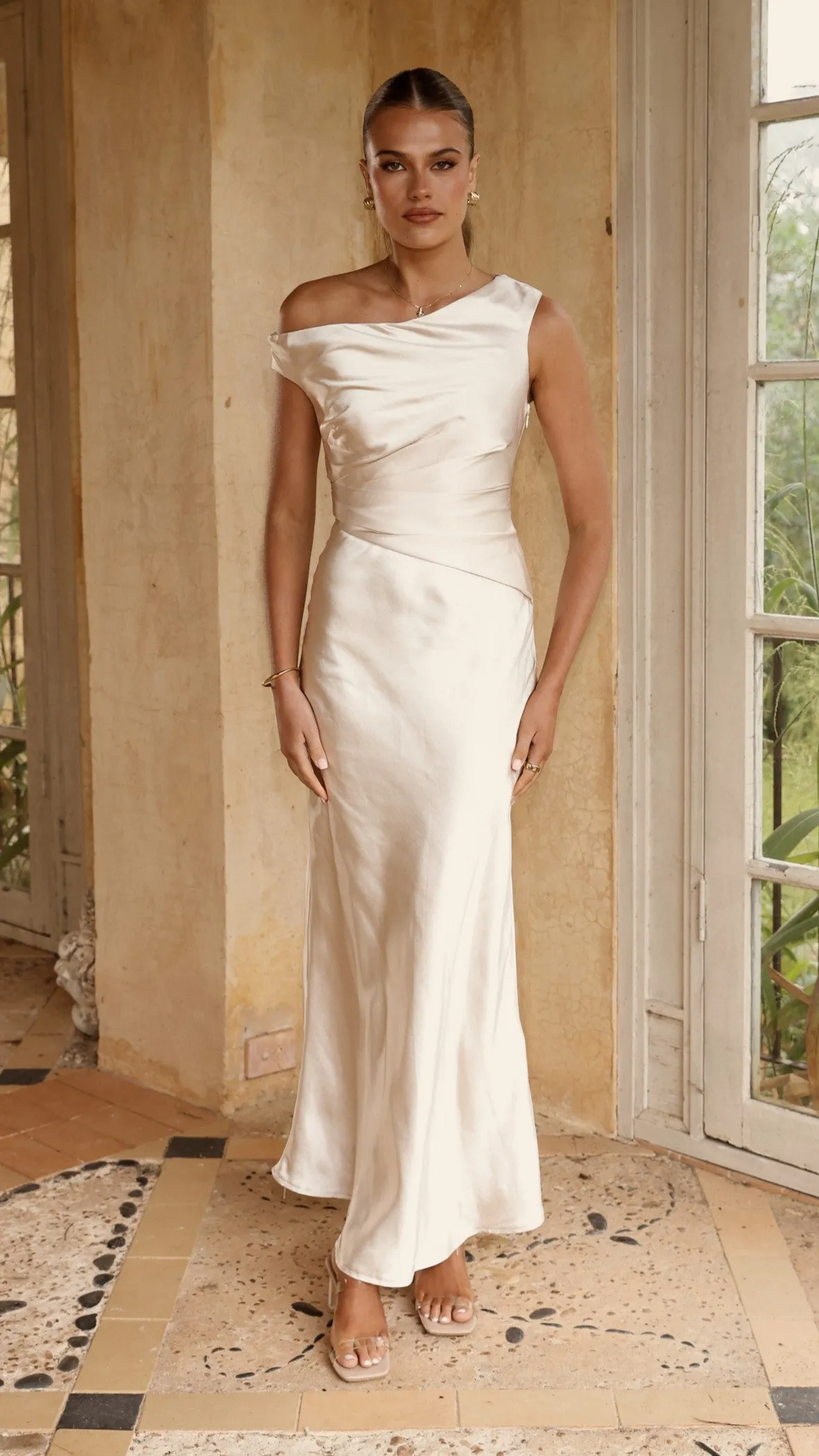 Auria Off Shoulder Maxi Dress - Champagne Billy J