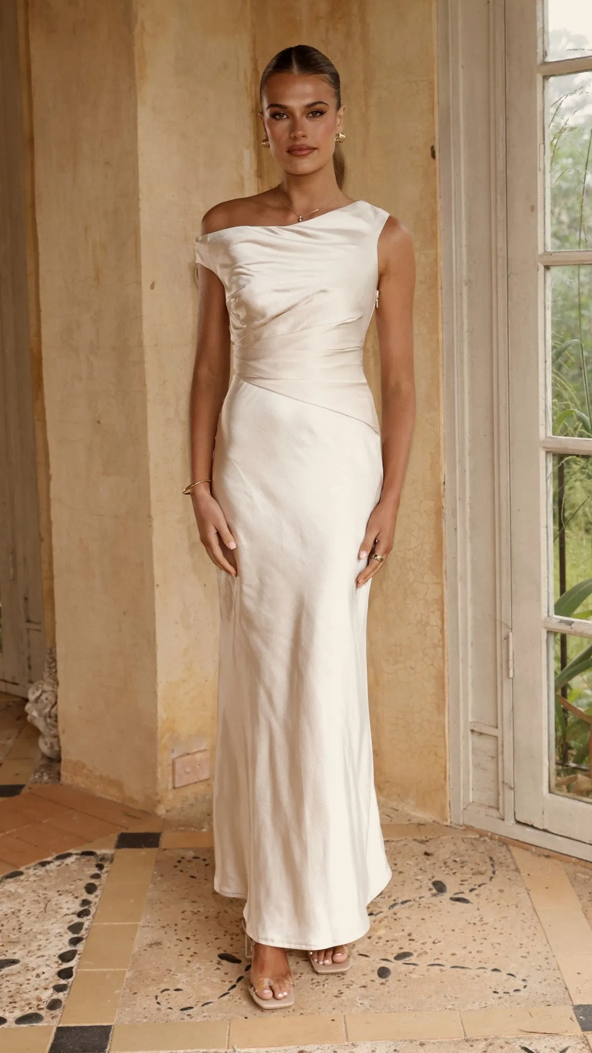 Auria Off Shoulder Maxi Dress - Champagne Billy J