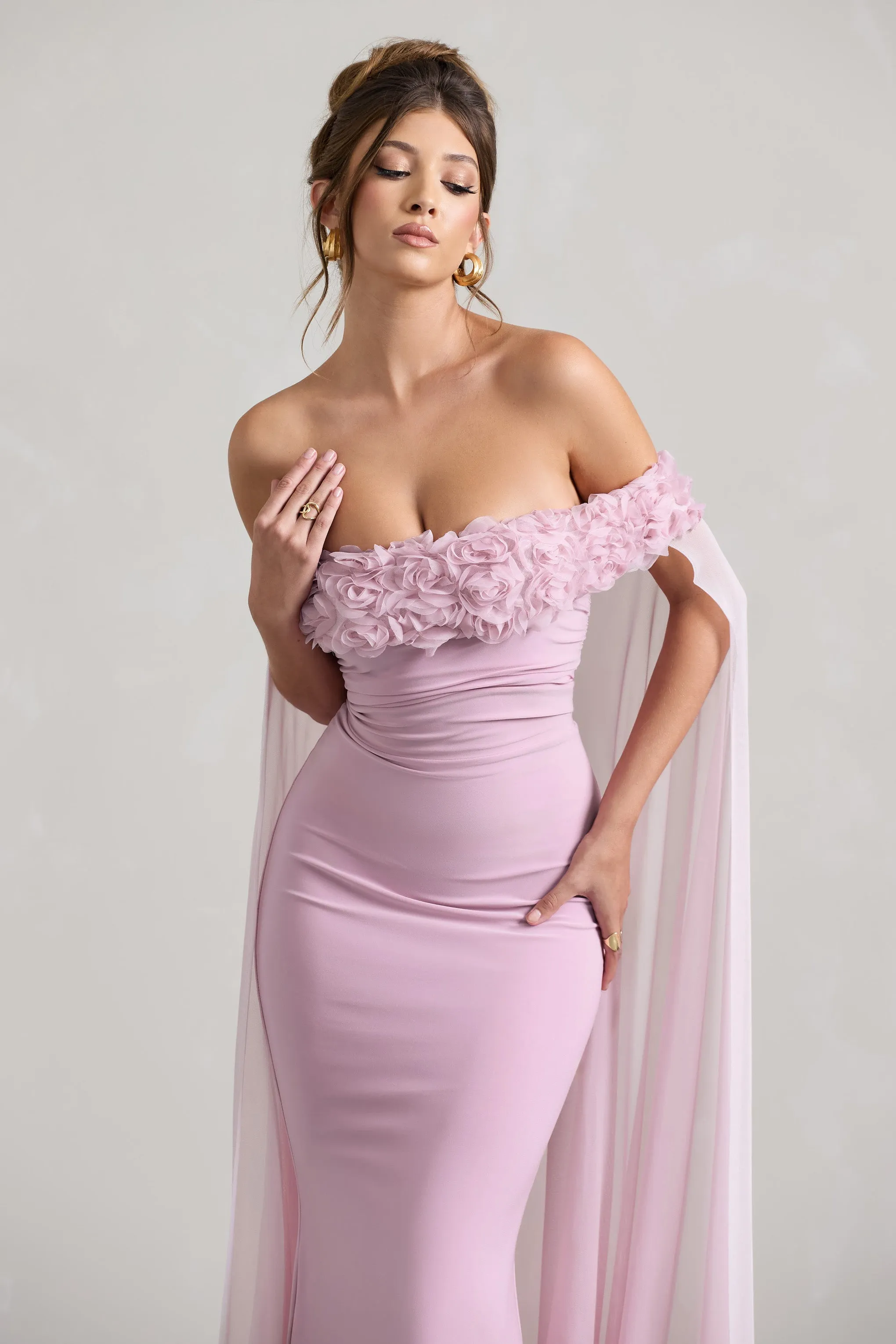 Avant Garde | Blush Pink Floral Bardot Fishtail Maxi Dress With Mesh Cape Club L London