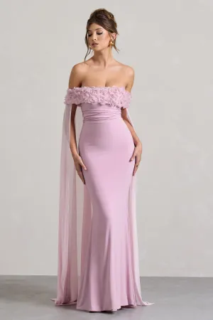Avant Garde | Blush Pink Floral Bardot Fishtail Maxi Dress With Mesh Cape Club L London