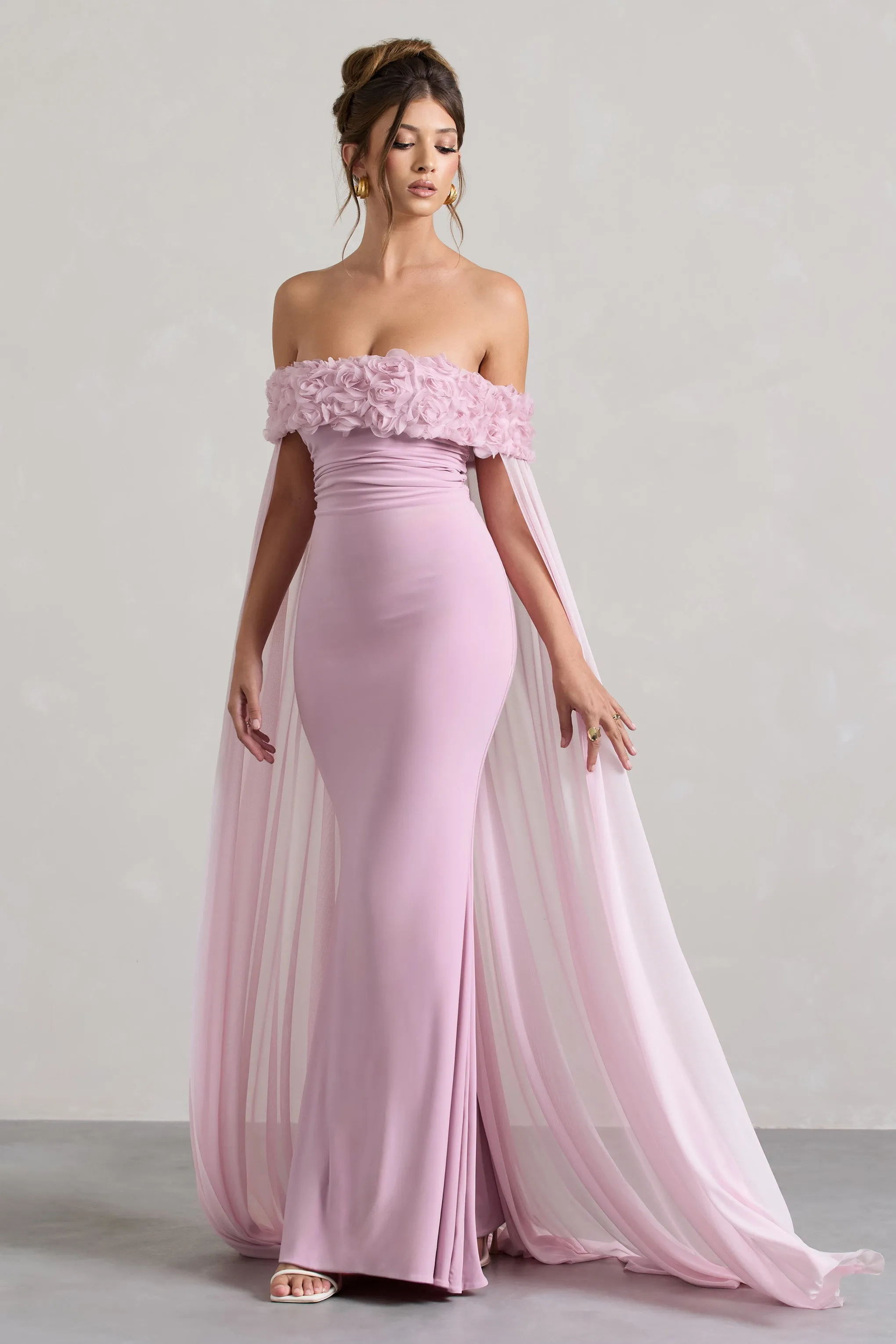 Avant Garde | Blush Pink Floral Bardot Fishtail Maxi Dress With Mesh Cape Club L London
