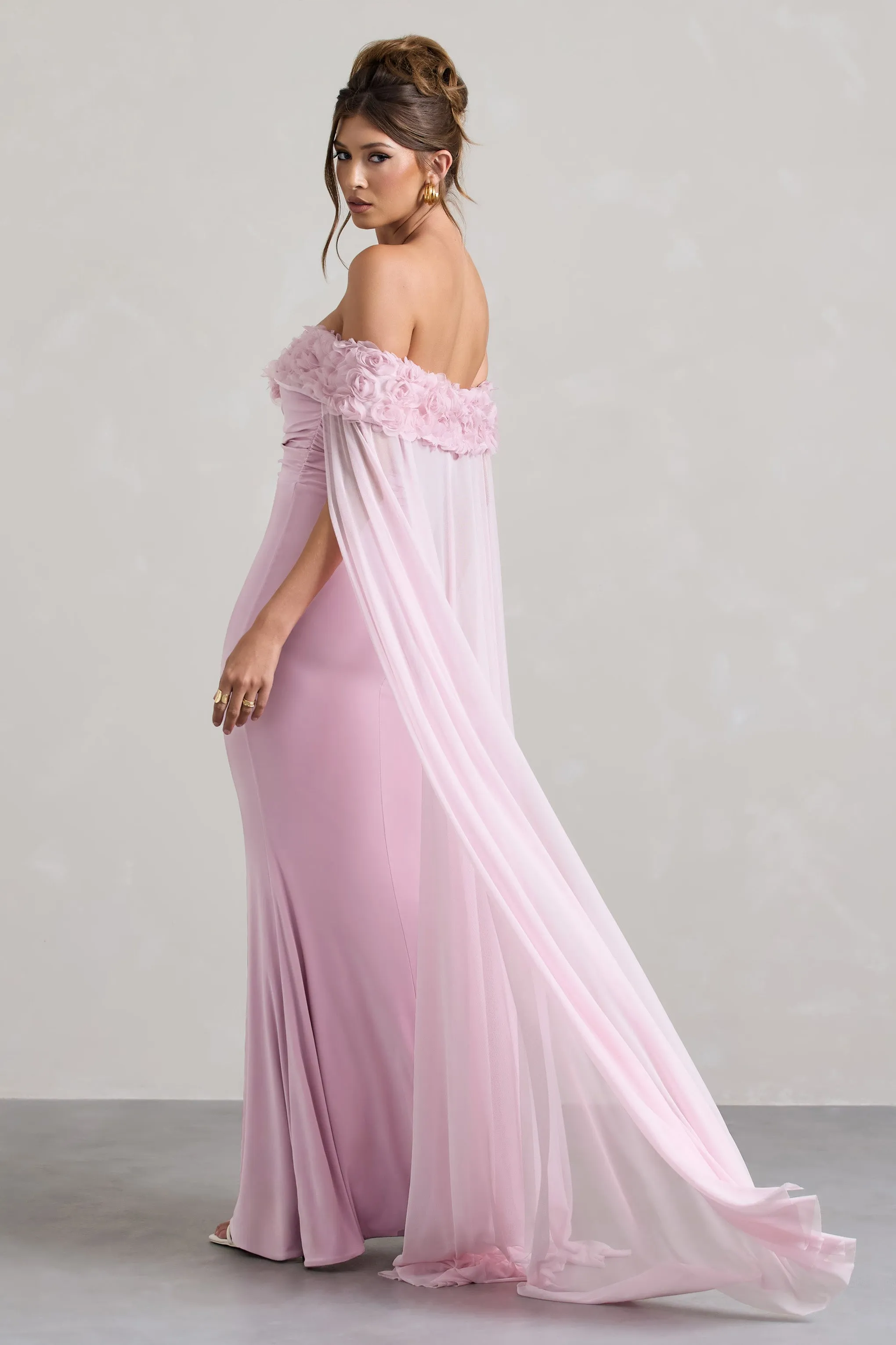 Avant Garde | Blush Pink Floral Bardot Fishtail Maxi Dress With Mesh Cape Club L London
