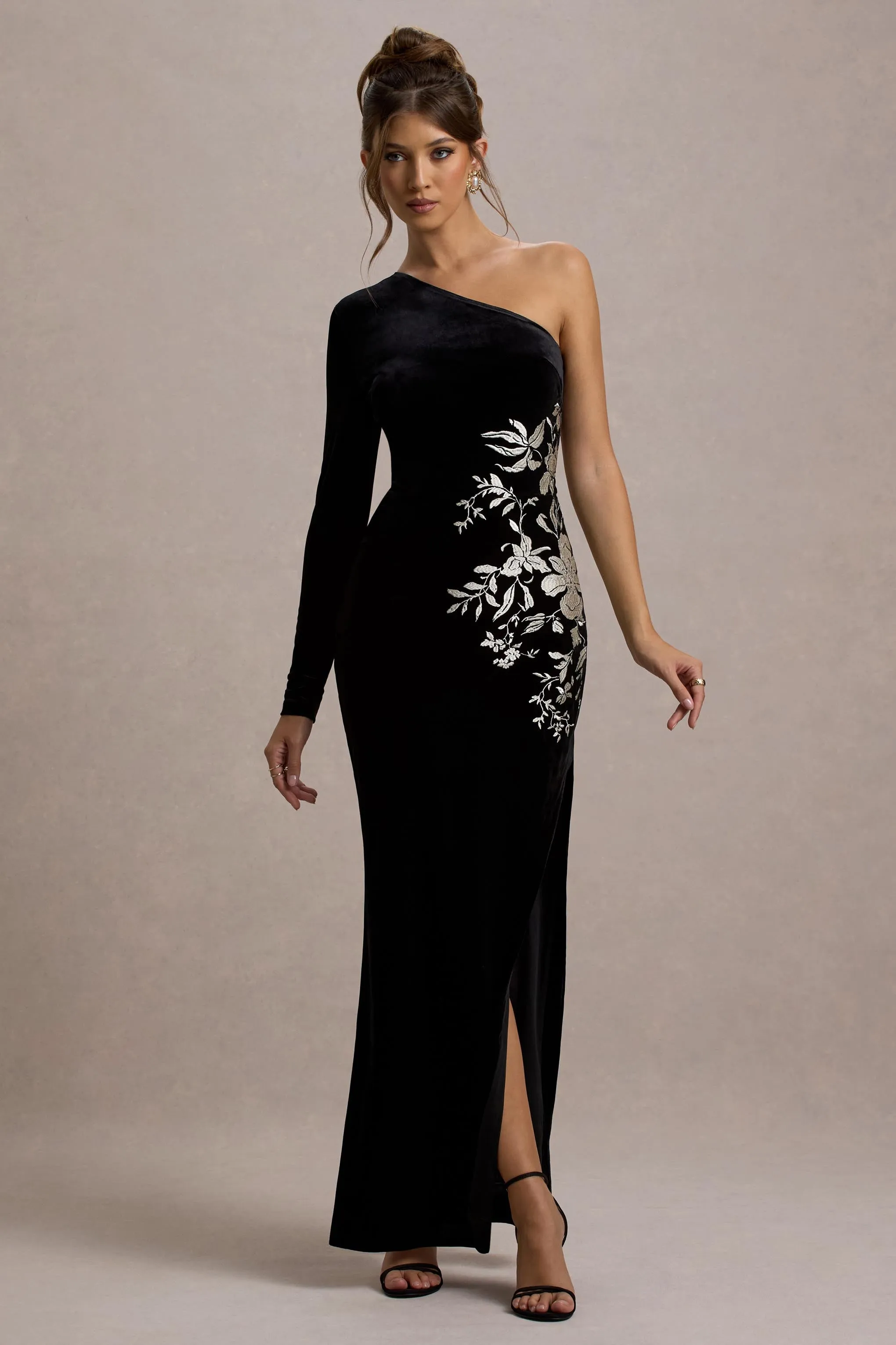 Chance | Black Embroidered Velvet One-Sleeve Maxi Dress Club L London