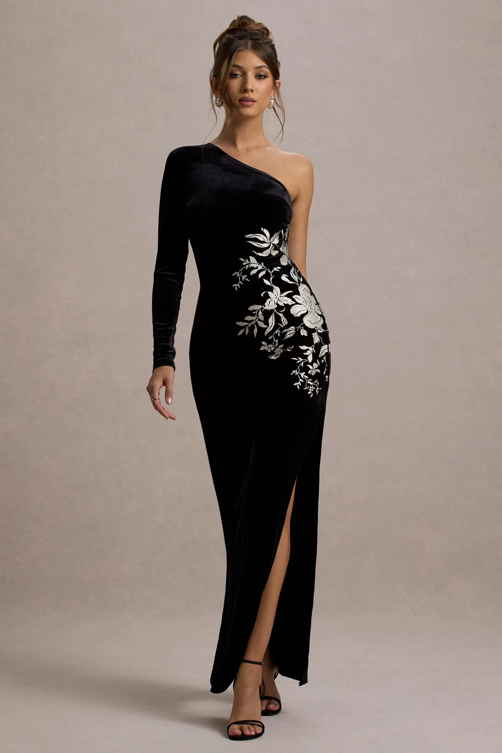 Chance | Black Embroidered Velvet One-Sleeve Maxi Dress Club L London