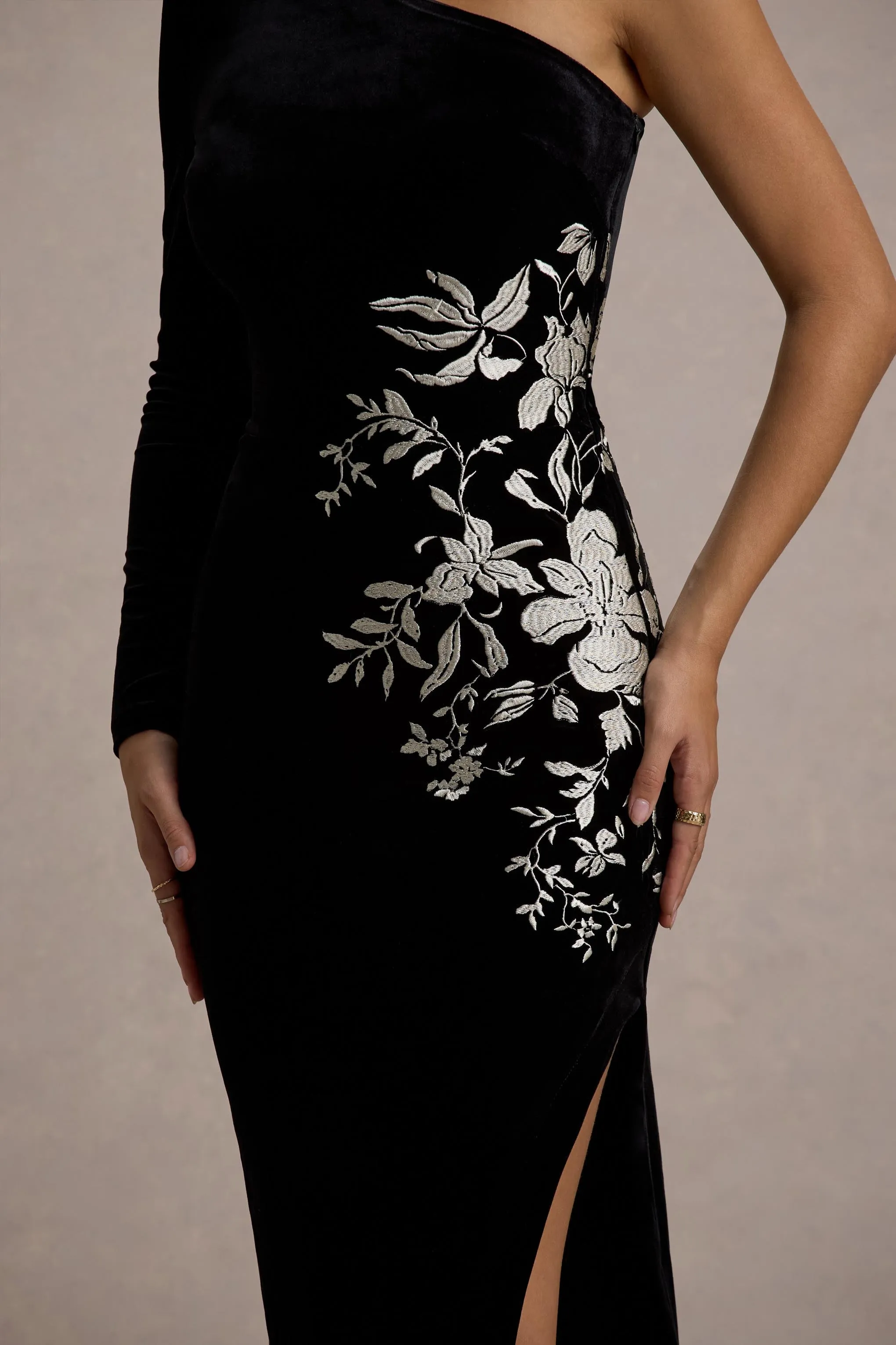Chance | Black Embroidered Velvet One-Sleeve Maxi Dress Club L London