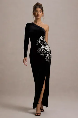 Chance | Black Embroidered Velvet One-Sleeve Maxi Dress Club L London