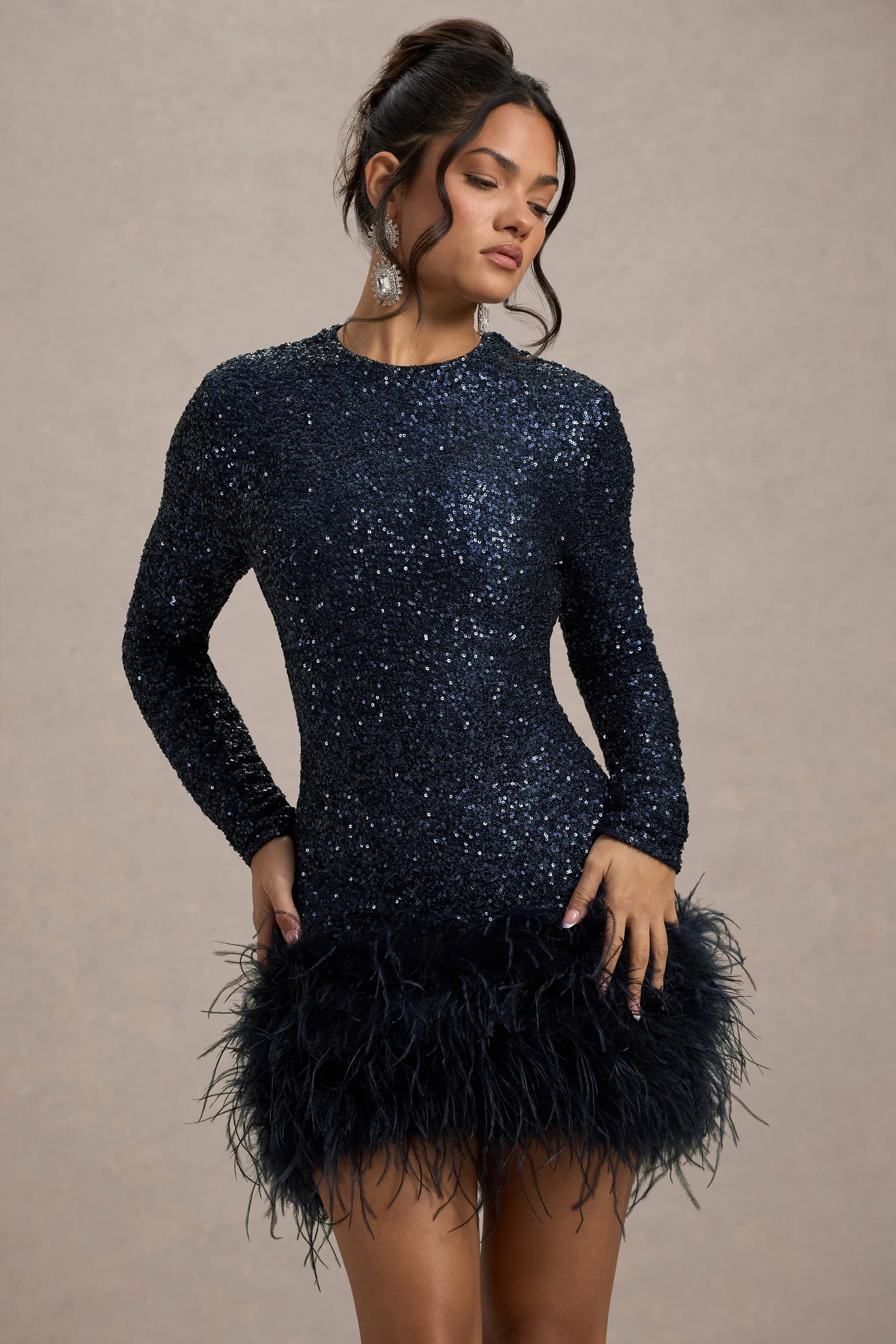 Claudia | Navy Sequin High Neck Feather Hem Mini Dress With Long Sleeves Club L London