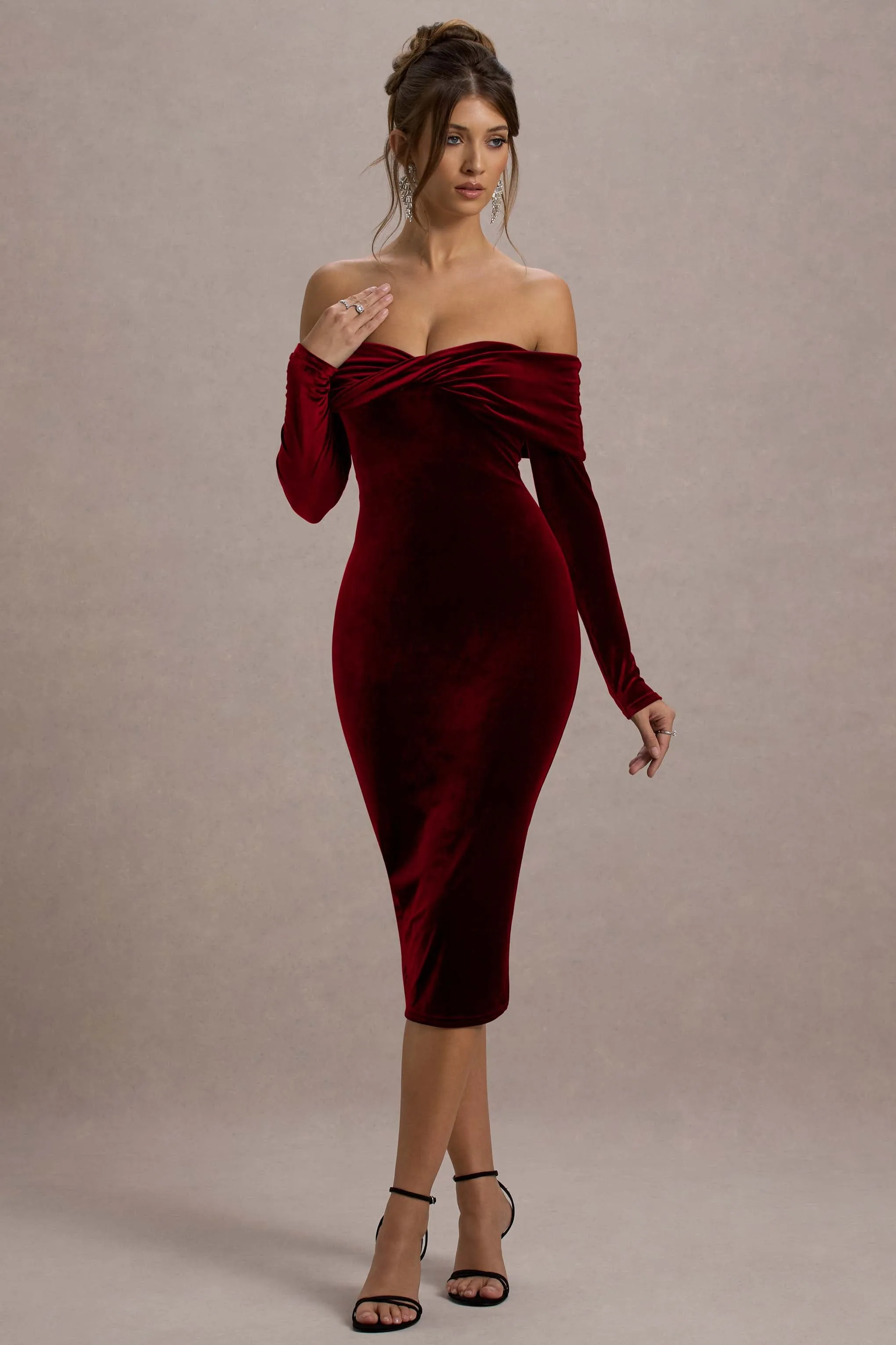 Compliment | Berry Velvet Bardot Midi Dress Club L London