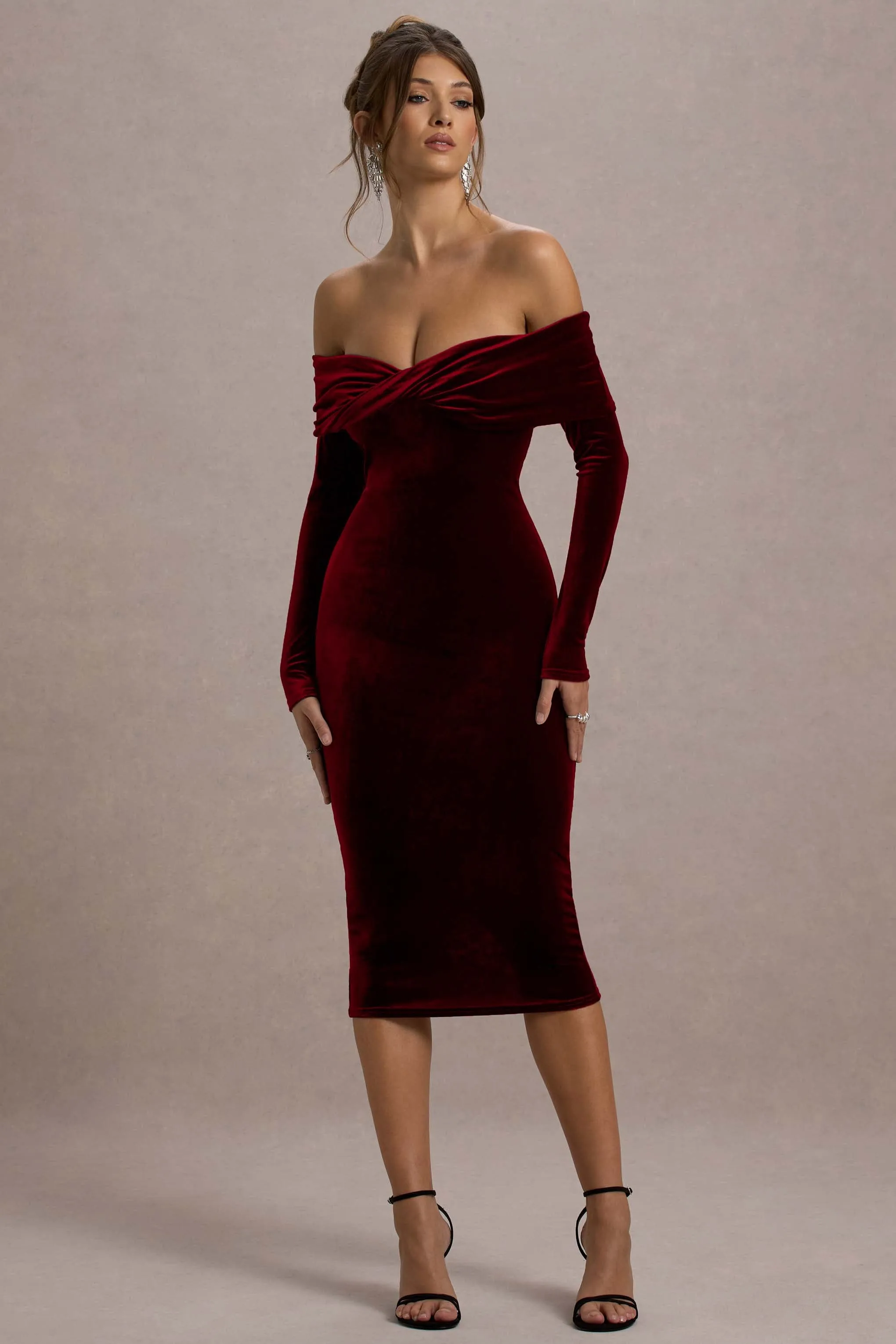 Compliment | Berry Velvet Bardot Midi Dress Club L London