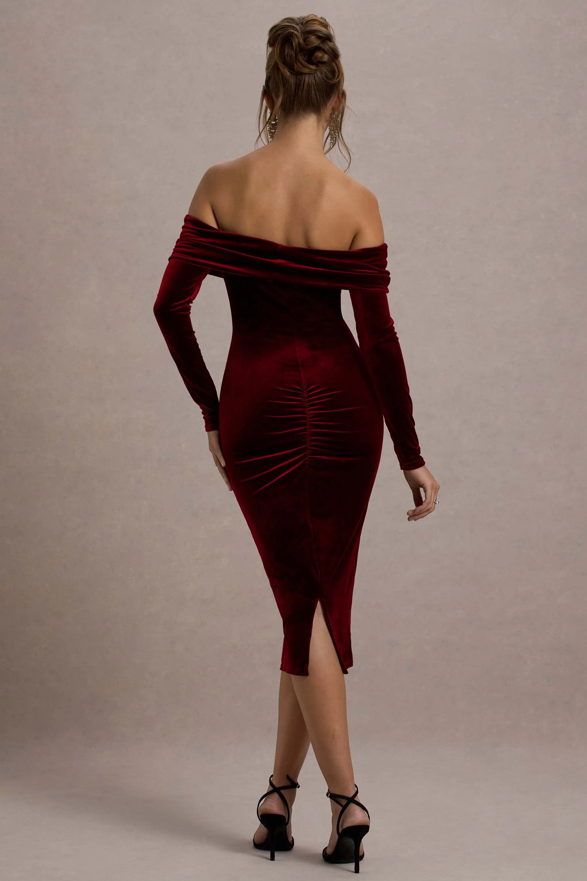 Compliment | Berry Velvet Bardot Midi Dress Club L London