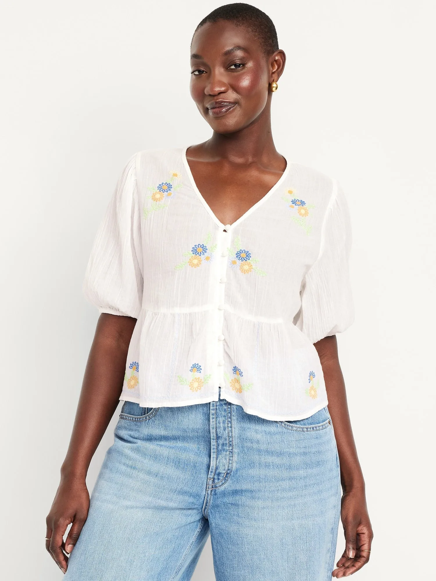 Crinkle Gauze Button-Down Embroidered Top