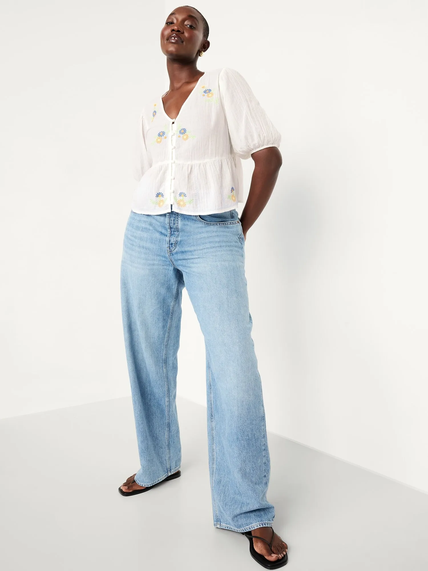 Crinkle Gauze Button-Down Embroidered Top