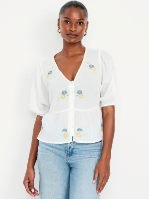 Crinkle Gauze Button-Down Embroidered Top