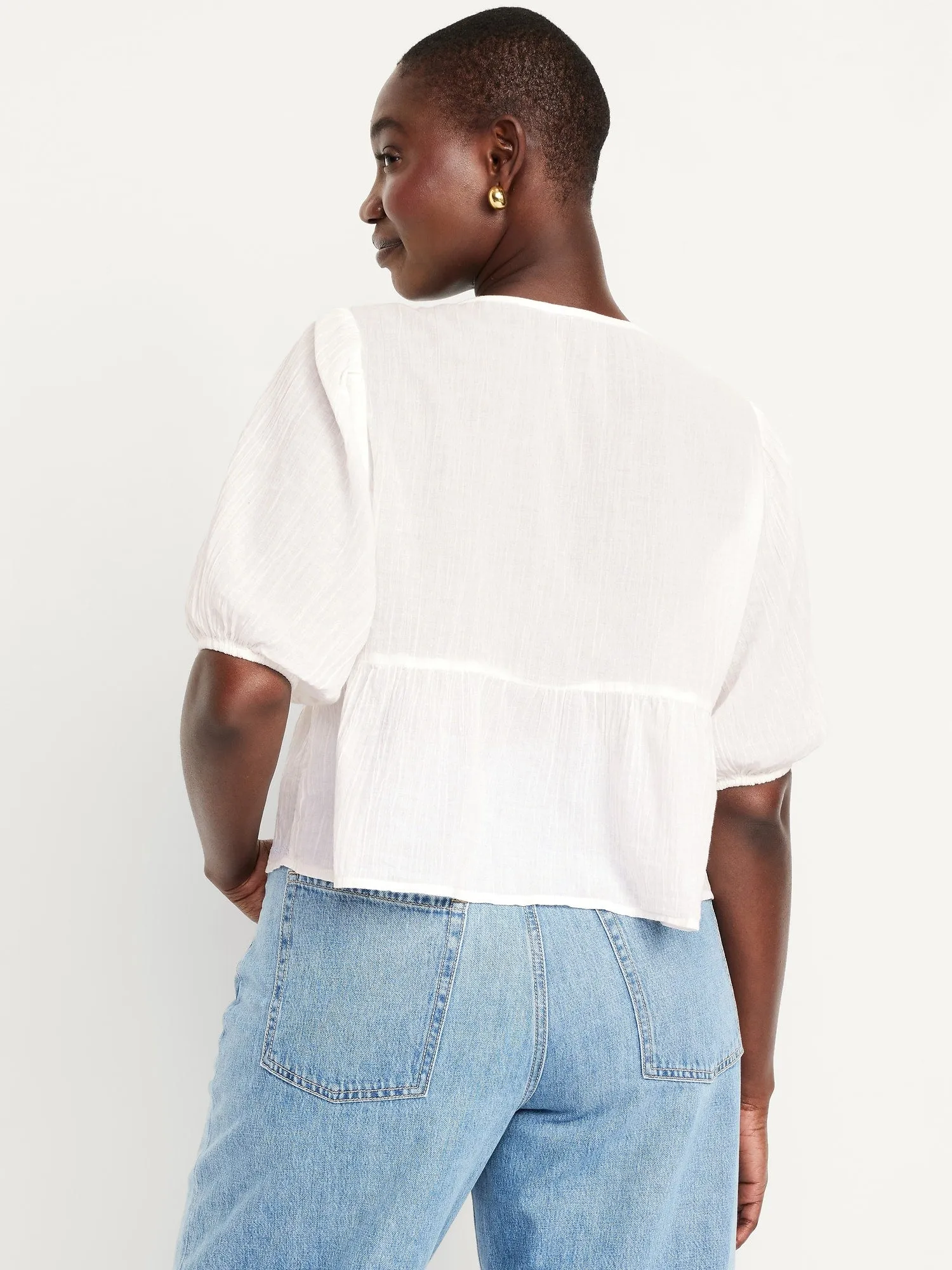 Crinkle Gauze Button-Down Embroidered Top