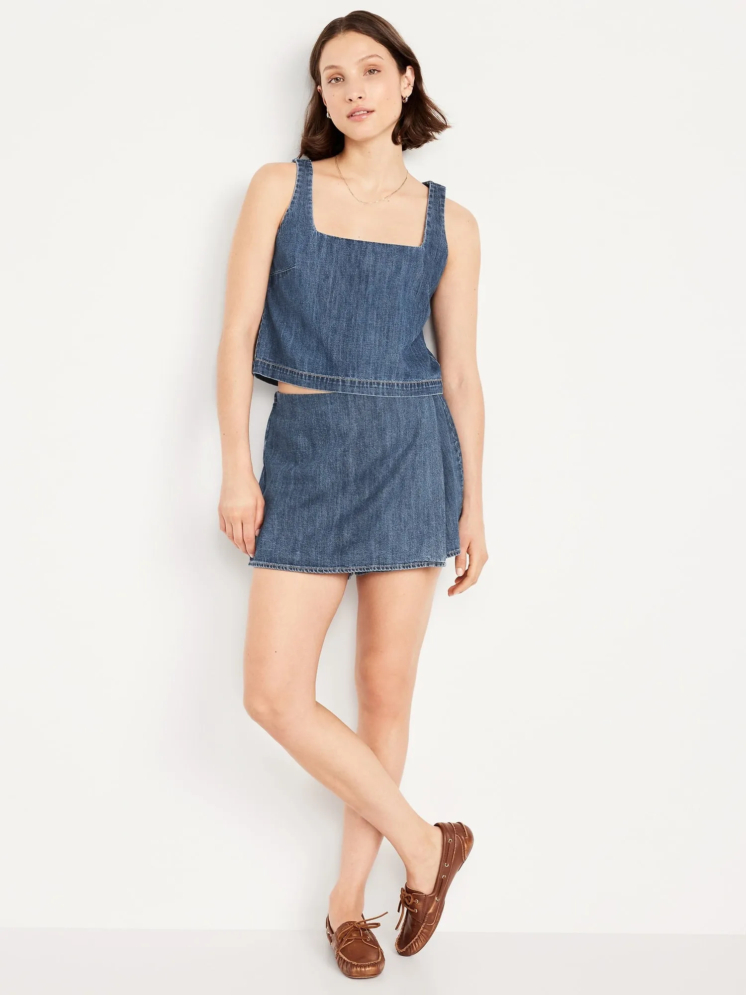 Cropped Square-Neck Denim Top