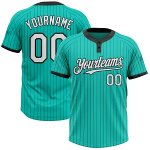 Custom Aqua Black Pinstripe White Two-Button Unisex Softball Jersey FansIdea