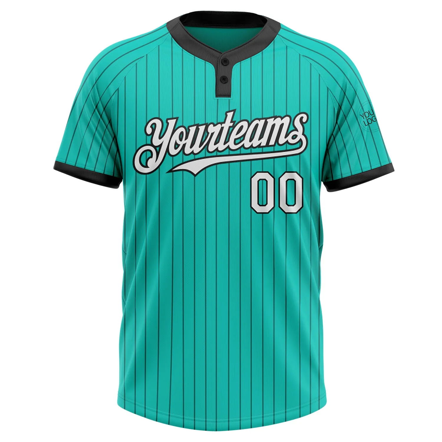 Custom Aqua Black Pinstripe White Two-Button Unisex Softball Jersey FansIdea