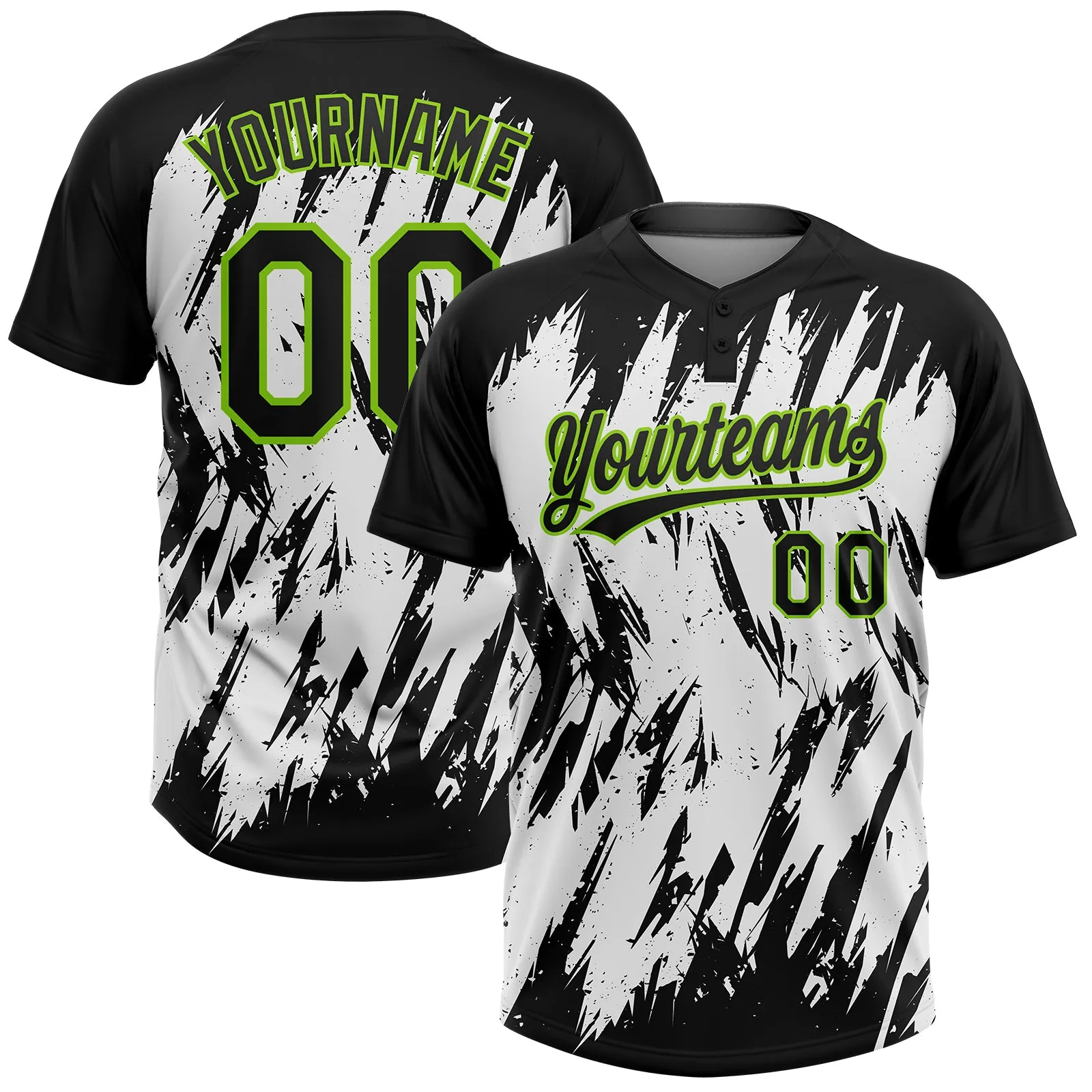 Custom Black Neon Green-White 3D Pattern Abstract Sharp Shape Two-Button Unisex Softball Jersey FansIdea