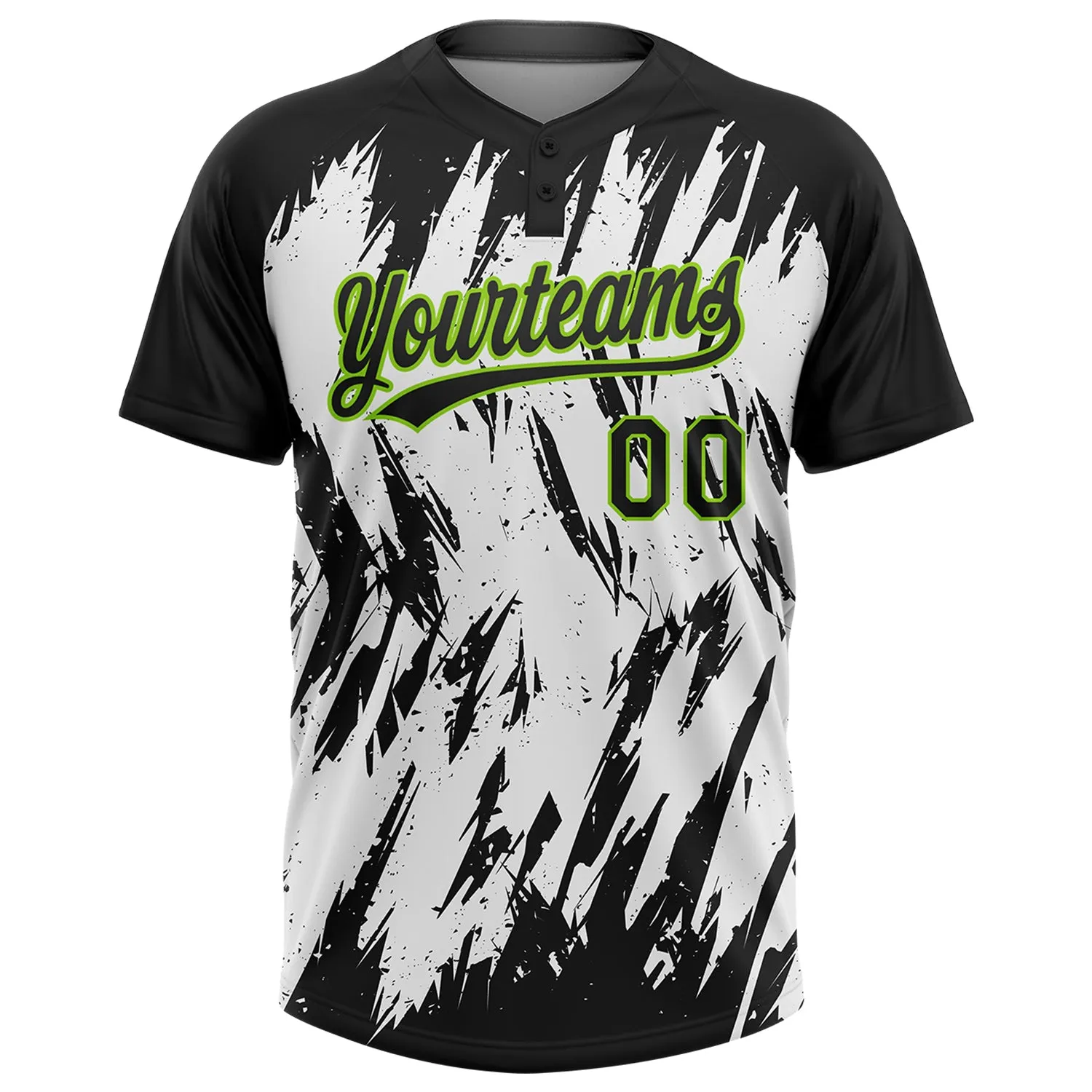 Custom Black Neon Green-White 3D Pattern Abstract Sharp Shape Two-Button Unisex Softball Jersey FansIdea