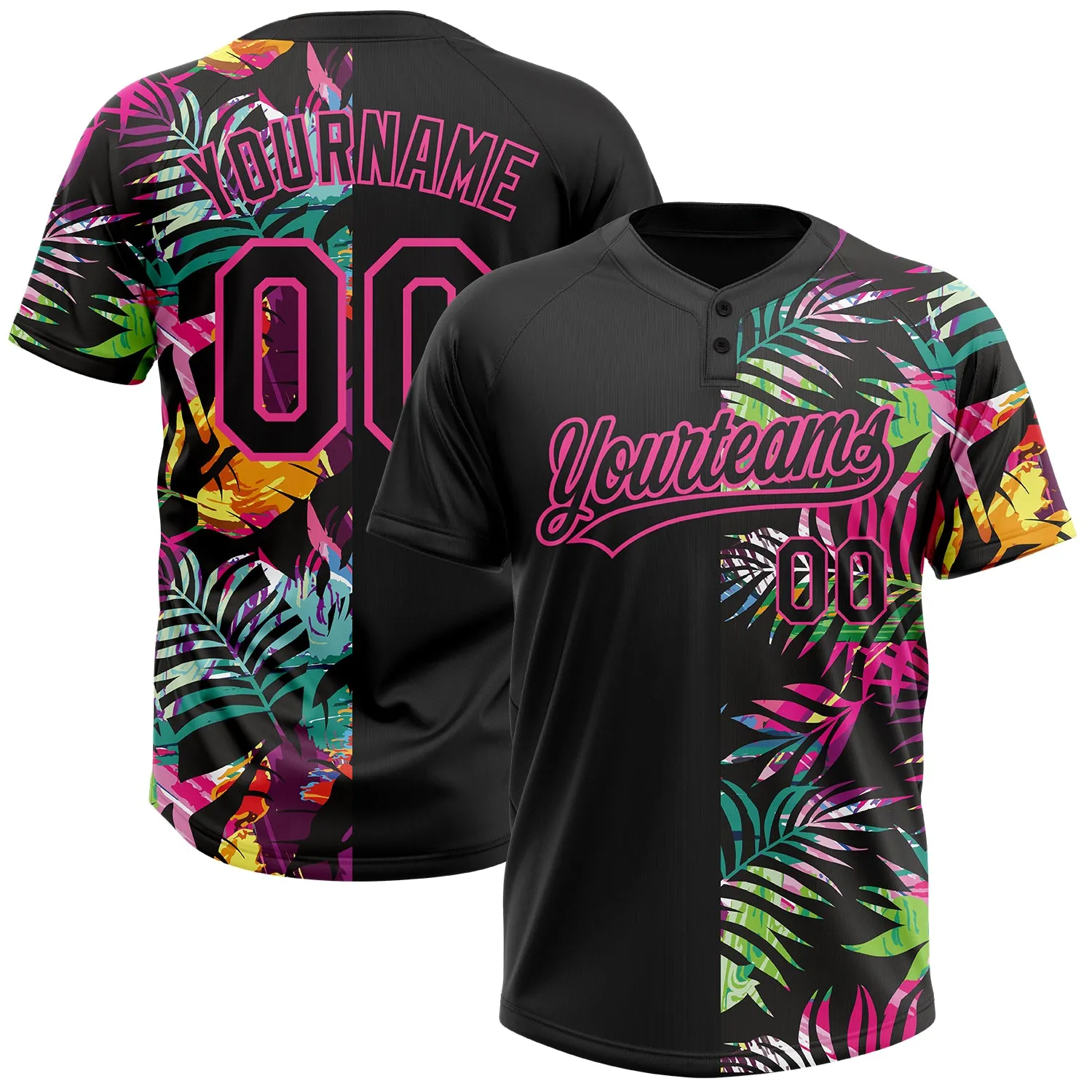 Custom Black Pink 3D Pattern Hawaii Tropical Palm Leaves Two-Button Unisex Softball Jersey FansIdea
