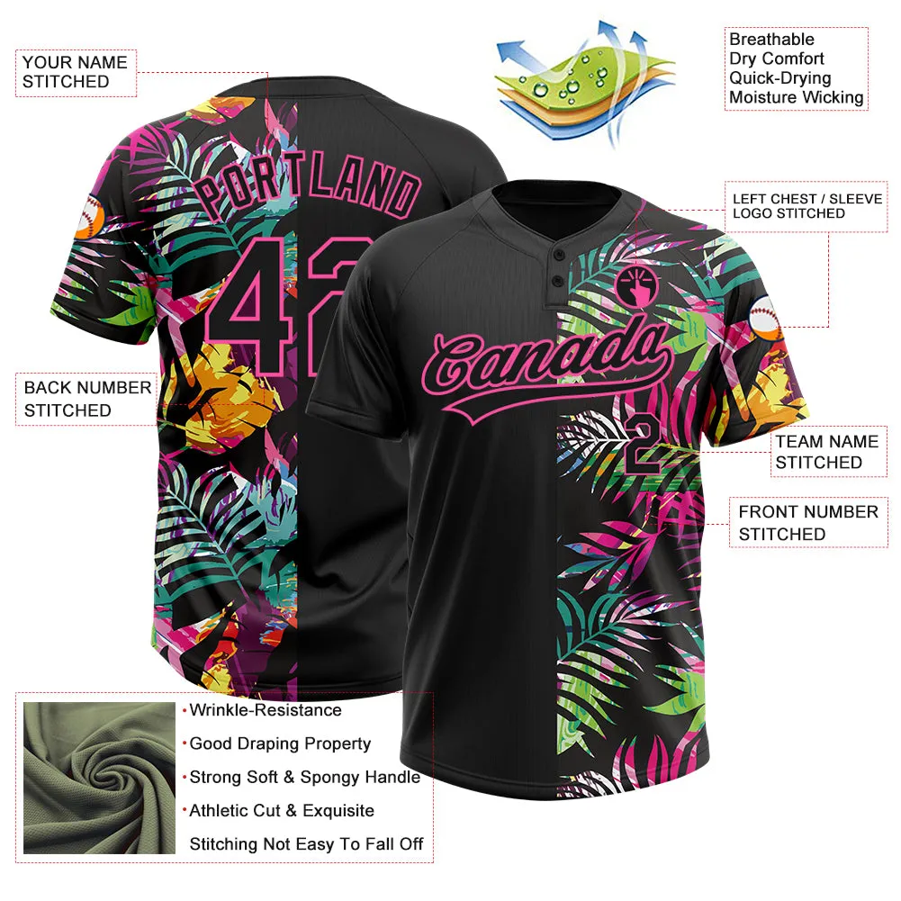 Custom Black Pink 3D Pattern Hawaii Tropical Palm Leaves Two-Button Unisex Softball Jersey FansIdea