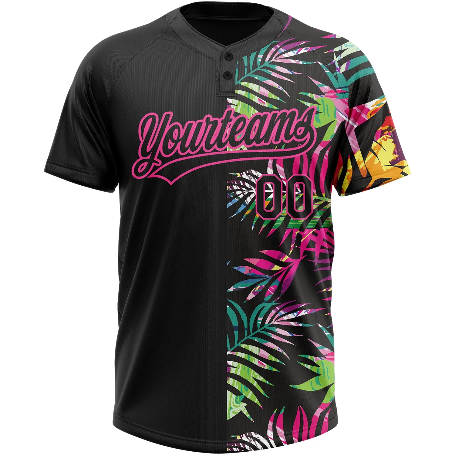 Custom Black Pink 3D Pattern Hawaii Tropical Palm Leaves Two-Button Unisex Softball Jersey FansIdea