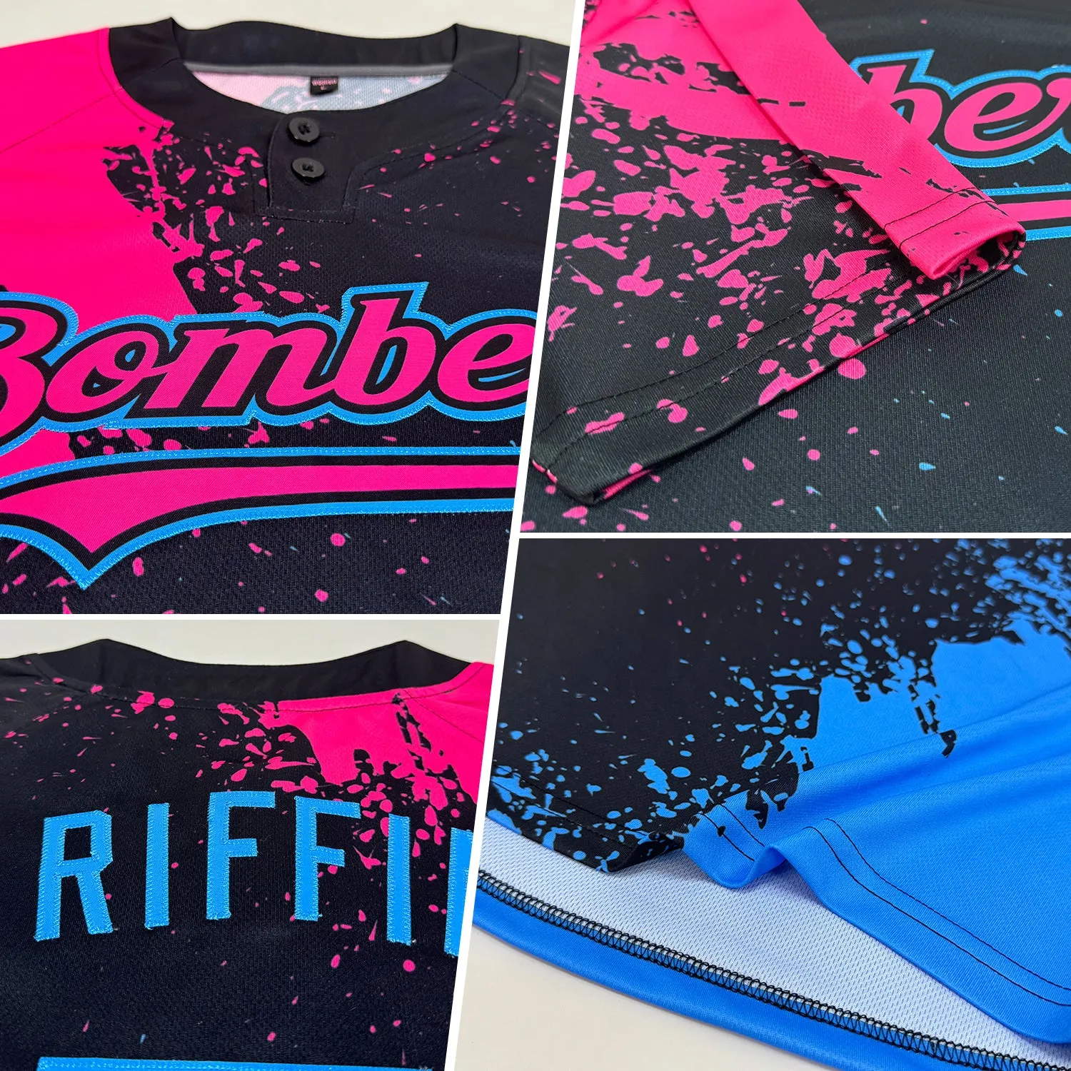 Custom Black Pink-Sky Blue 3D Pattern Abstract Brush Stroke Two-Button Unisex Softball Jersey FansIdea