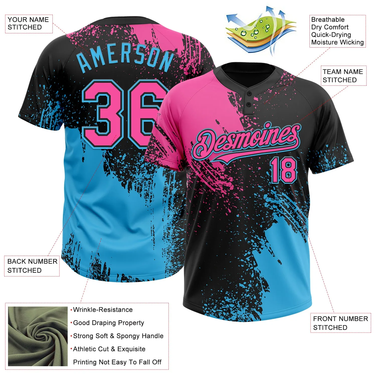 Custom Black Pink-Sky Blue 3D Pattern Abstract Brush Stroke Two-Button Unisex Softball Jersey FansIdea