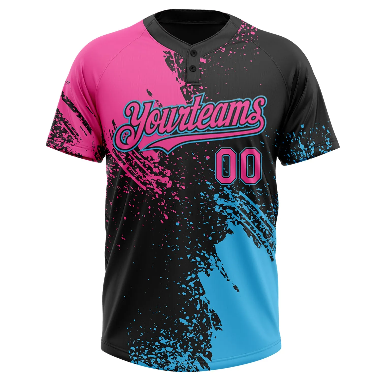 Custom Black Pink-Sky Blue 3D Pattern Abstract Brush Stroke Two-Button Unisex Softball Jersey FansIdea