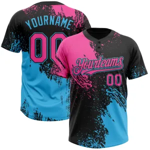 Custom Black Pink-Sky Blue 3D Pattern Abstract Brush Stroke Two-Button Unisex Softball Jersey FansIdea
