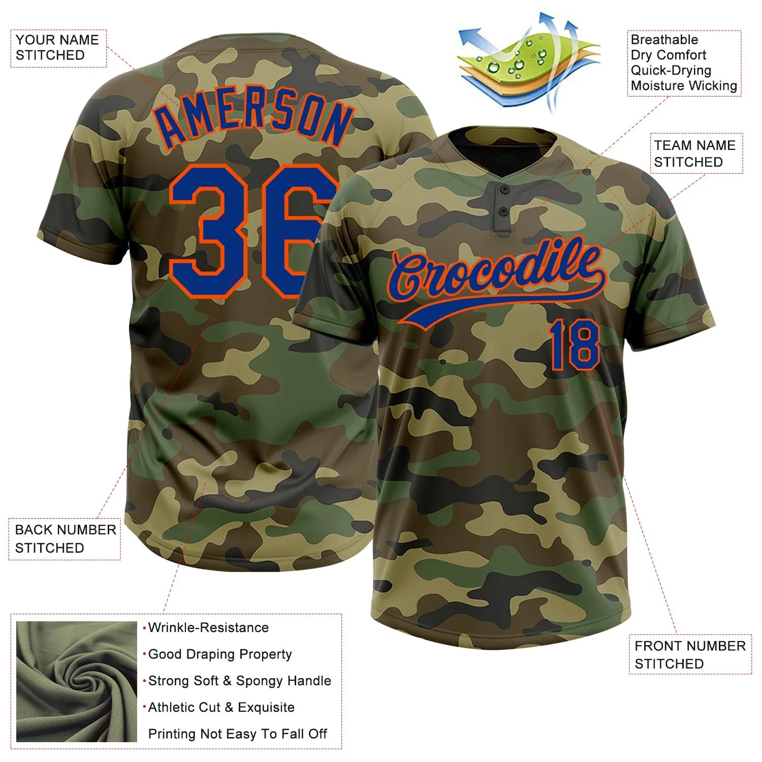Custom Camo Royal-Orange Salute To Service Two-Button Unisex Softball Jersey FansIdea