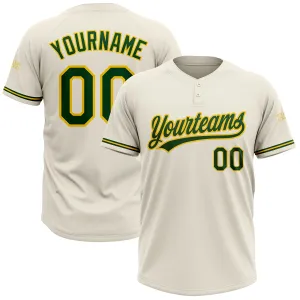 Custom Cream Green-Yellow Two-Button Unisex Softball Jersey FansIdea