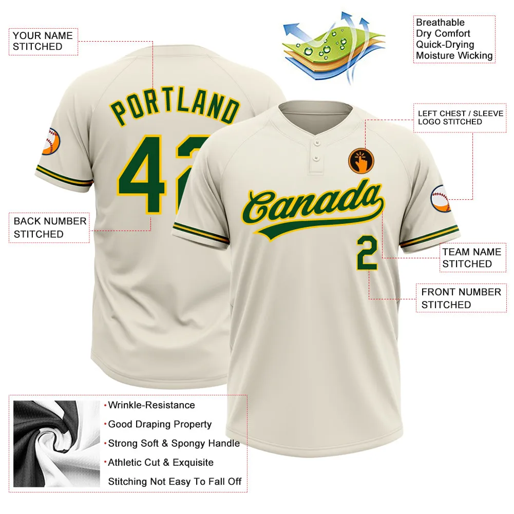Custom Cream Green-Yellow Two-Button Unisex Softball Jersey FansIdea
