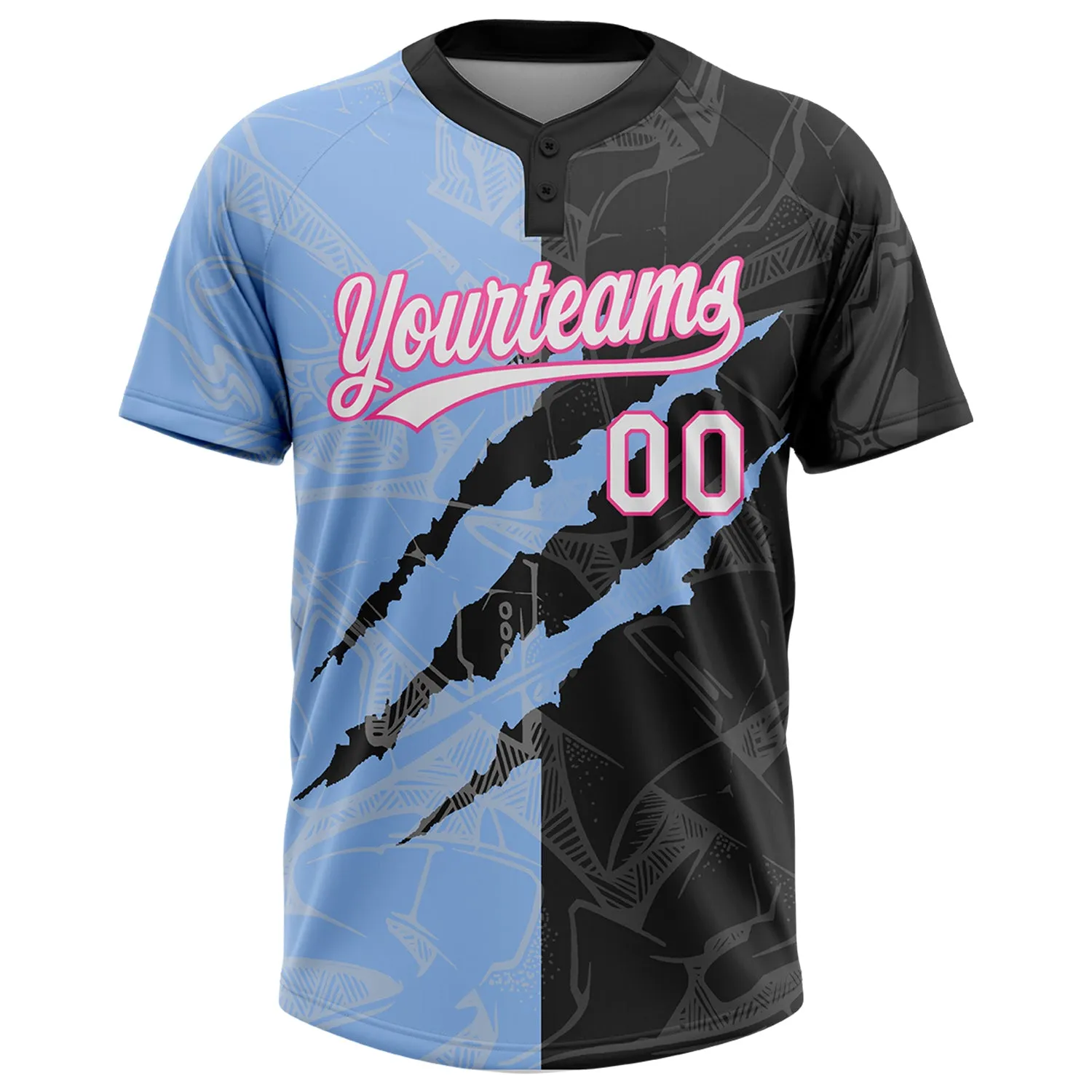 Custom Graffiti Pattern Black Light Blue-Pink 3D Two-Button Unisex Softball Jersey FansIdea